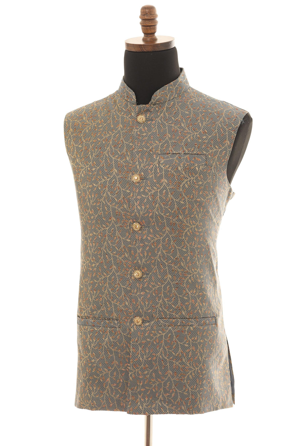 Men's Dark Grey Nehru Jacket  Leaf Pattern with Copper Touch