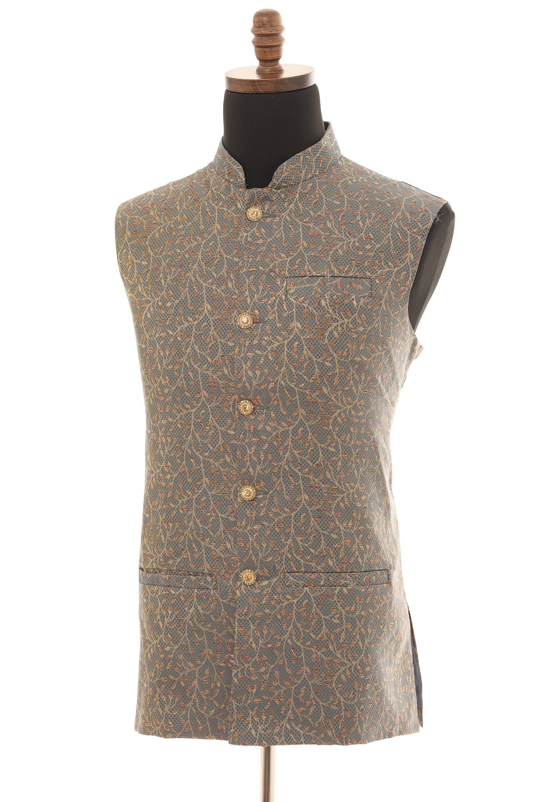 Men's Dark Grey Nehru Jacket  Leaf Pattern with Copper Touch
