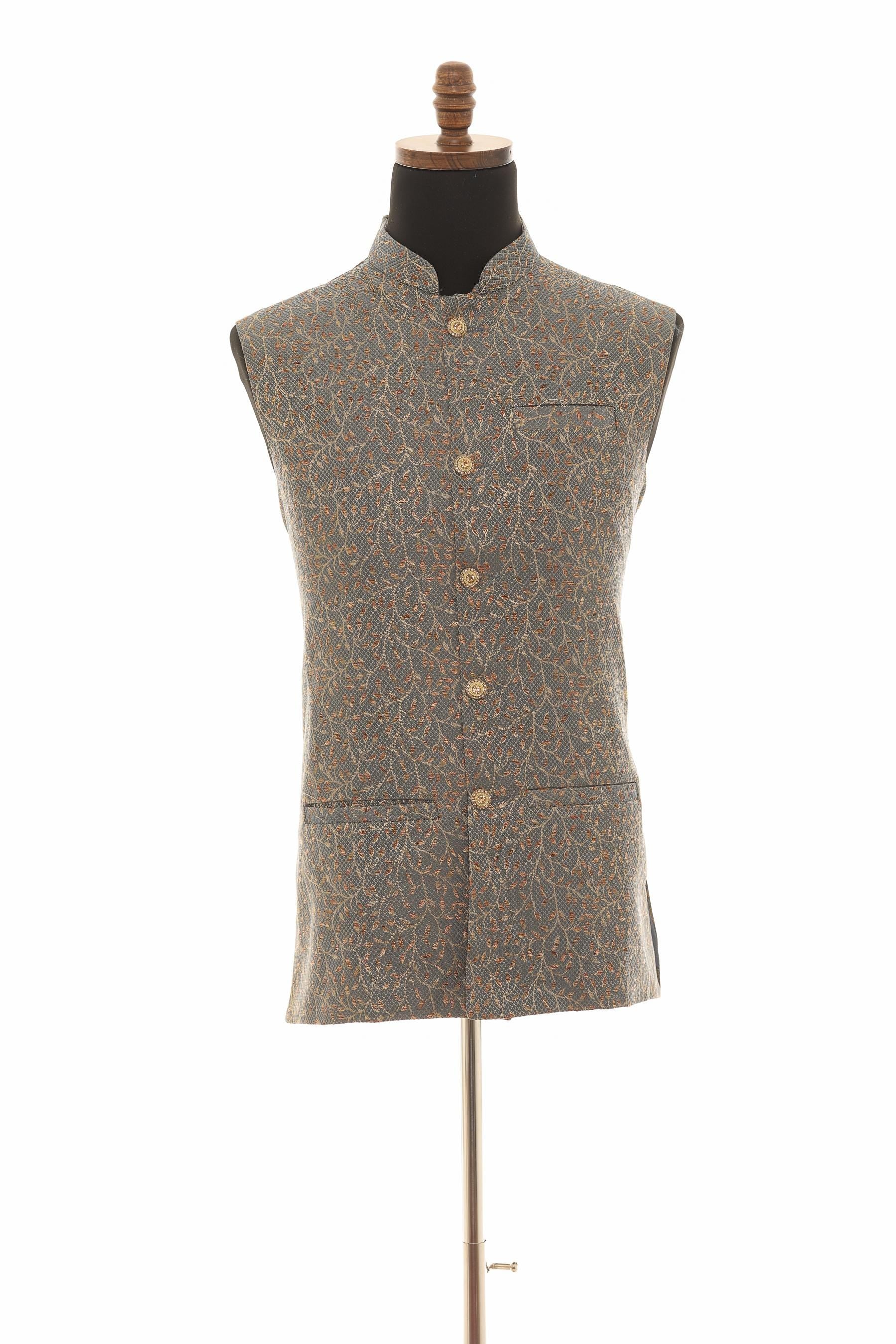 Men's Dark Grey Nehru Jacket  Leaf Pattern with Copper Touch