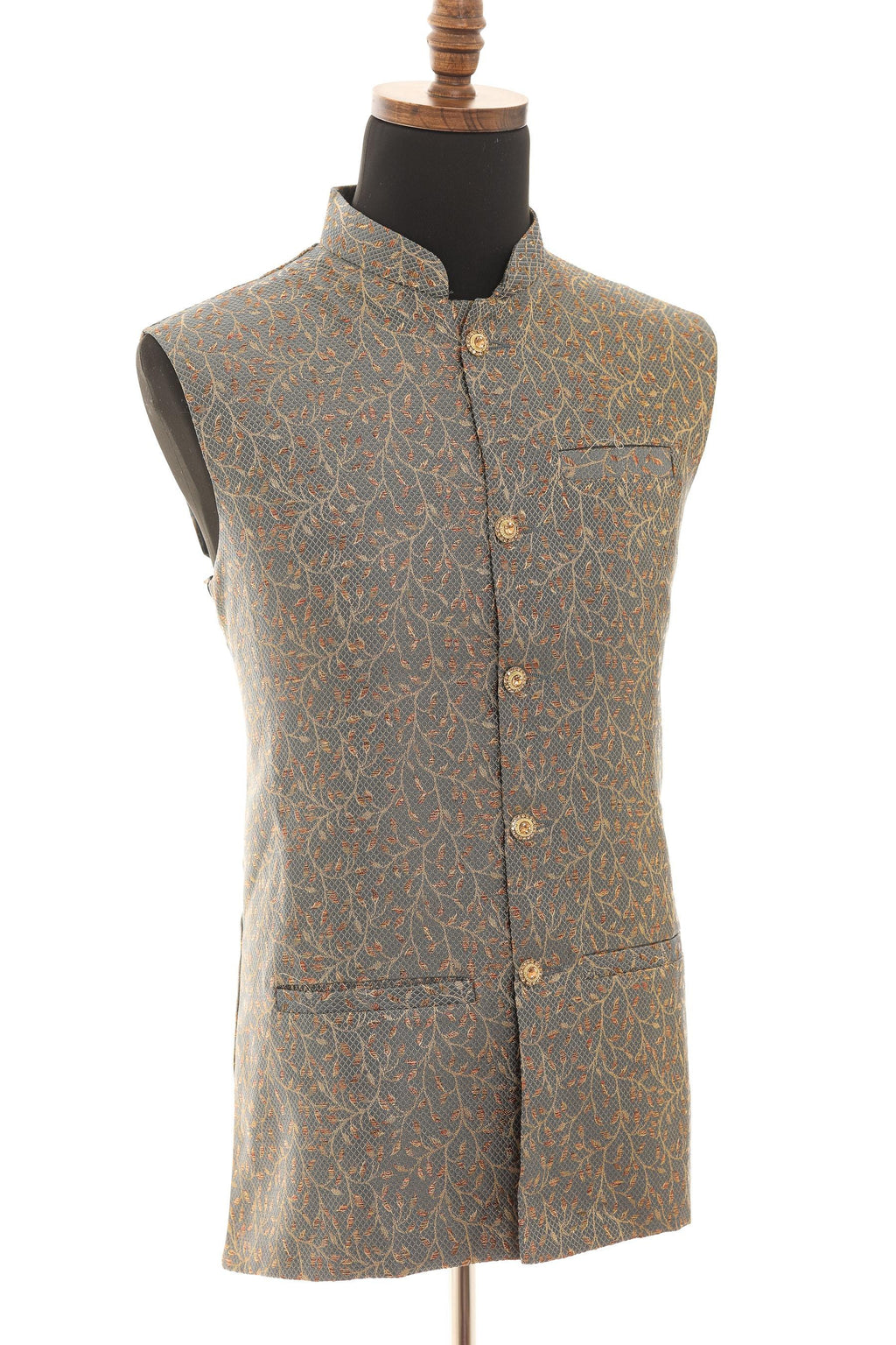 Men's Dark Grey Nehru Jacket  Leaf Pattern with Copper Touch