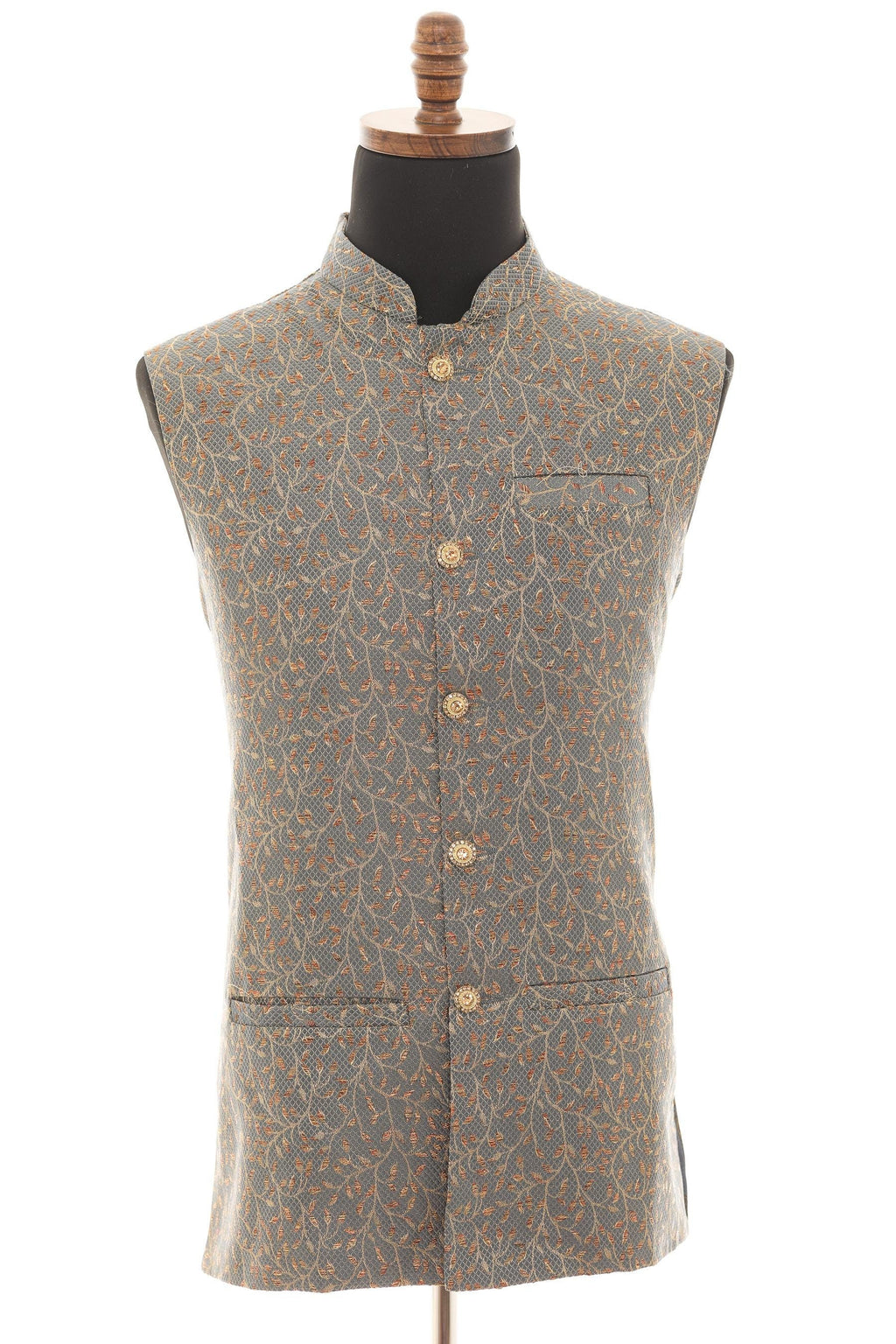 Men's Dark Grey Nehru Jacket  Leaf Pattern with Copper Touch