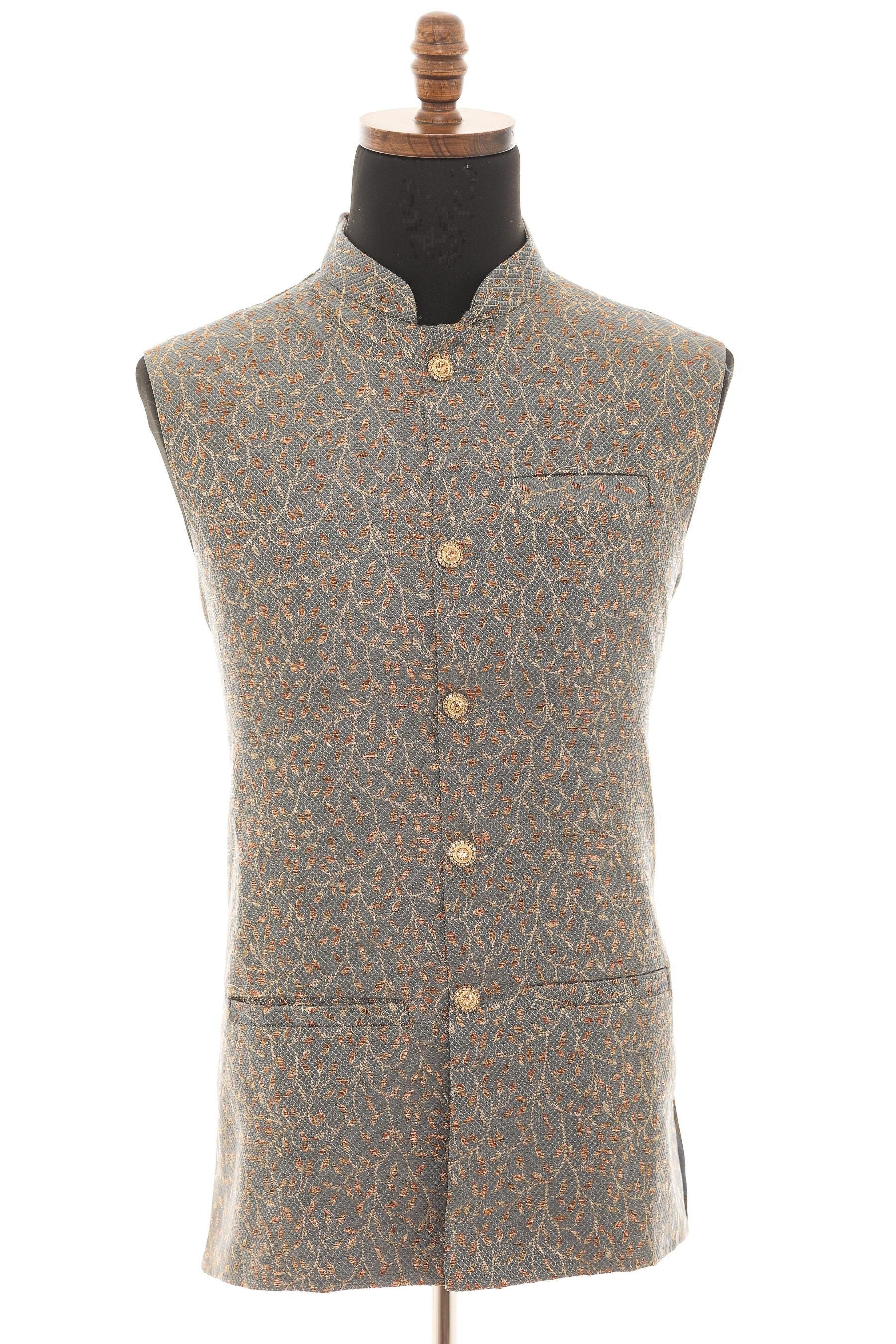 Men's Dark Grey Nehru Jacket  Leaf Pattern with Copper Touch