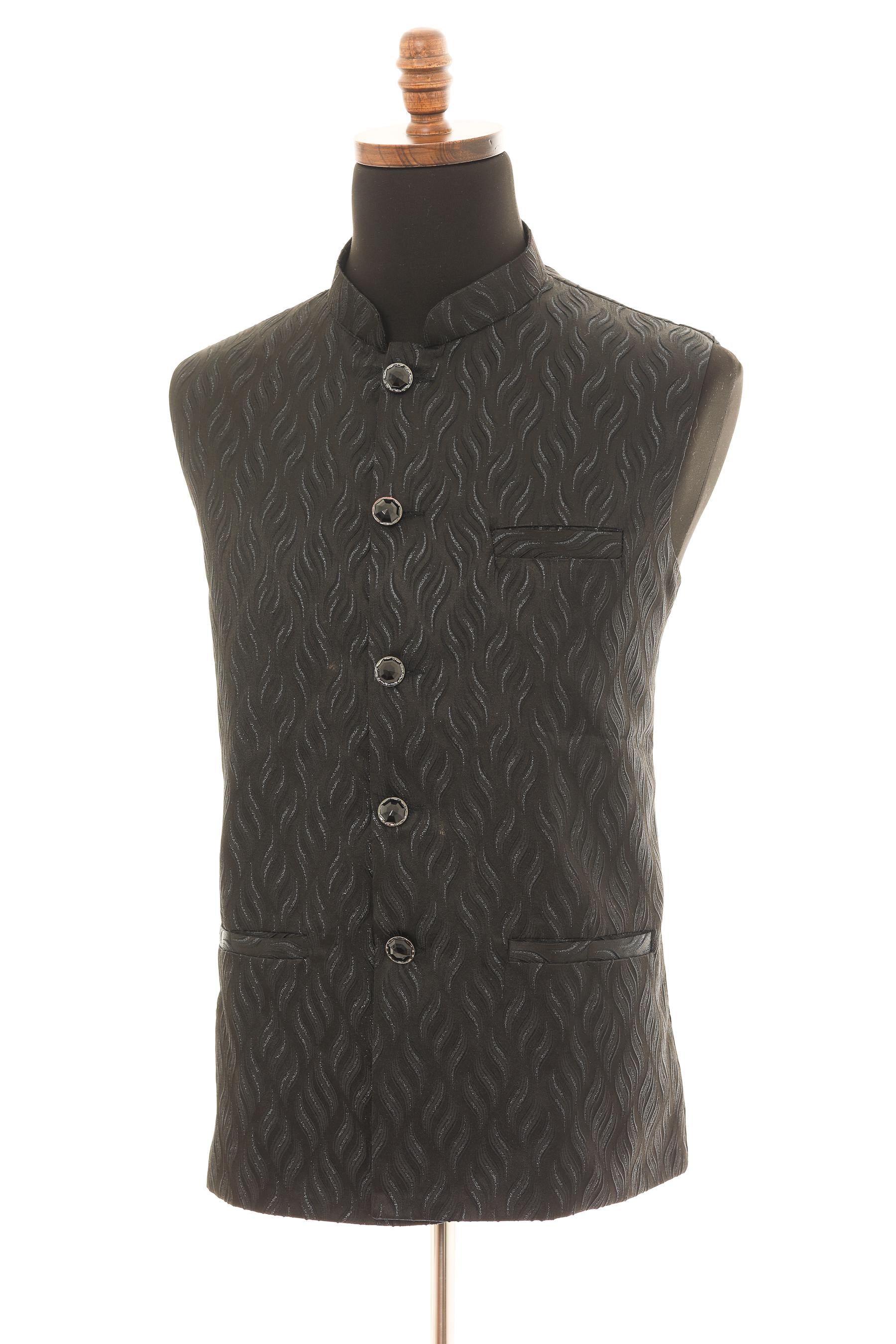 Men's Black Nehru Jacket  Self Wavy Embroidered Fabric