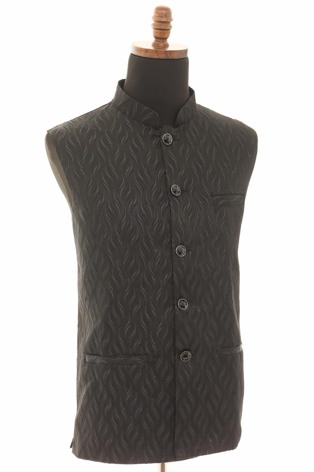 Men's Black Nehru Jacket  Self Wavy Embroidered Fabric