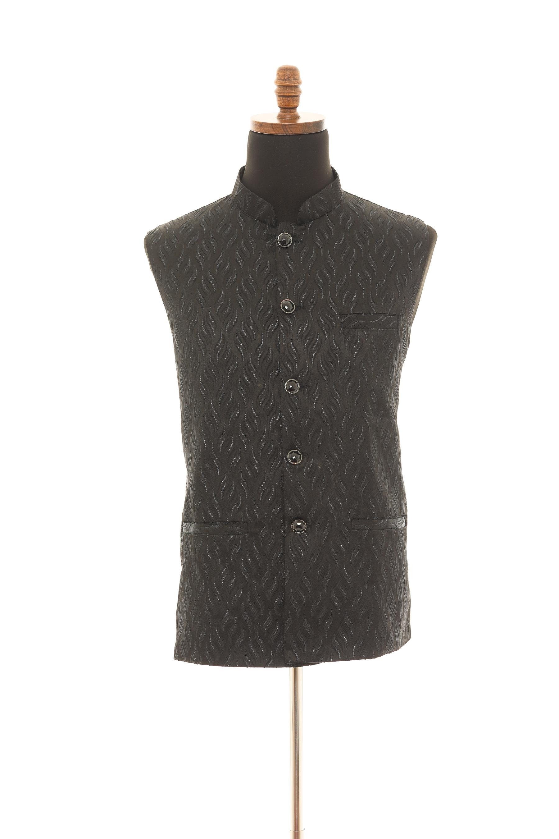 Men's Black Nehru Jacket  Self Wavy Embroidered Fabric