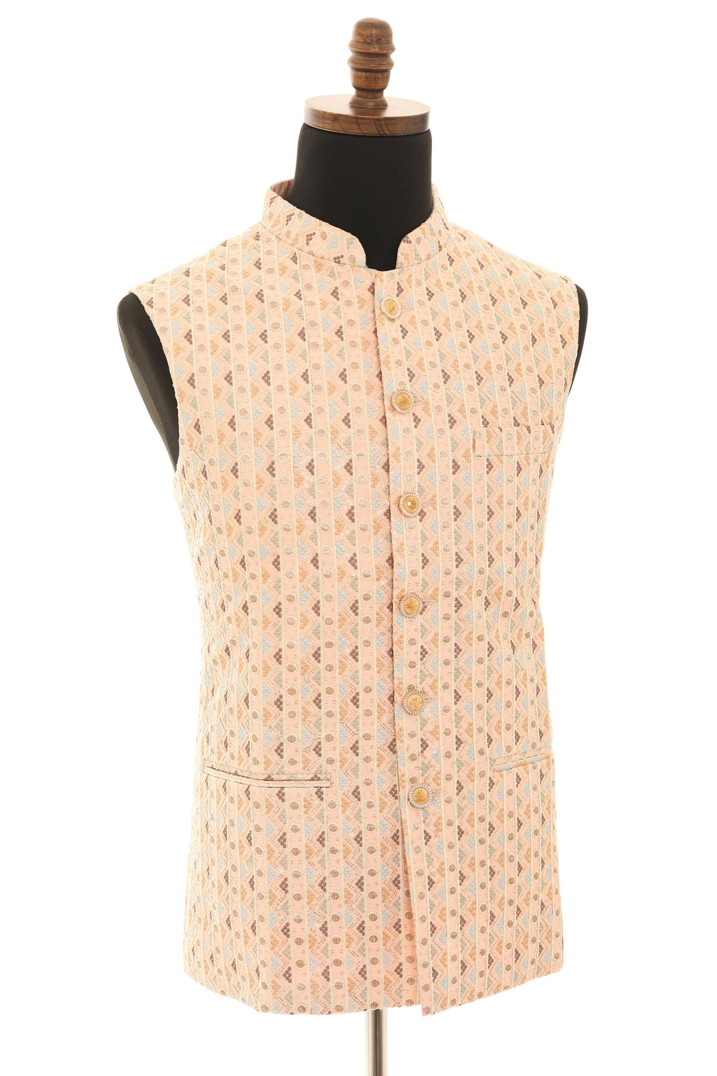 Mens Peach Nehru Jacket  Embroidered Elegance Vest