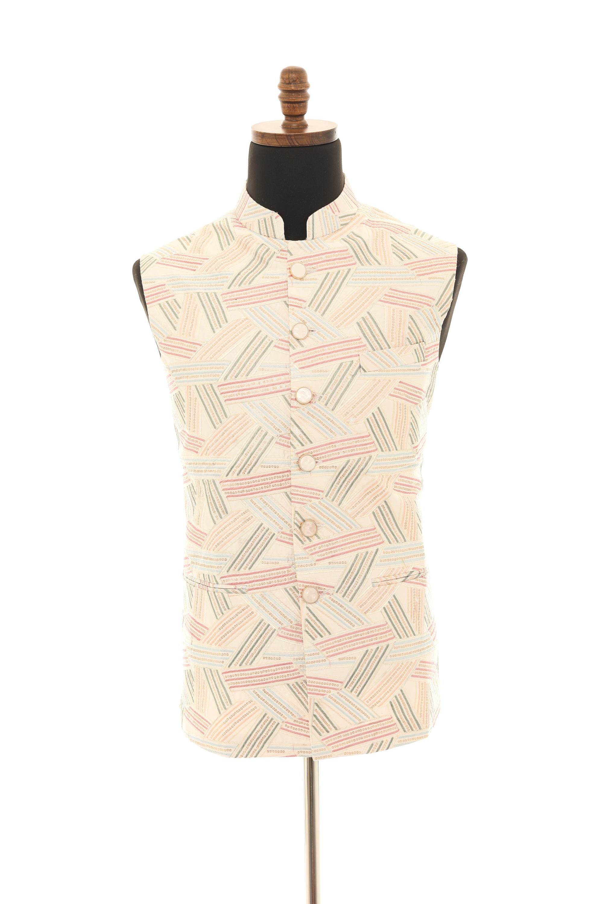 Mens White Nehru Jacket with Multi-Colored Embroidery
