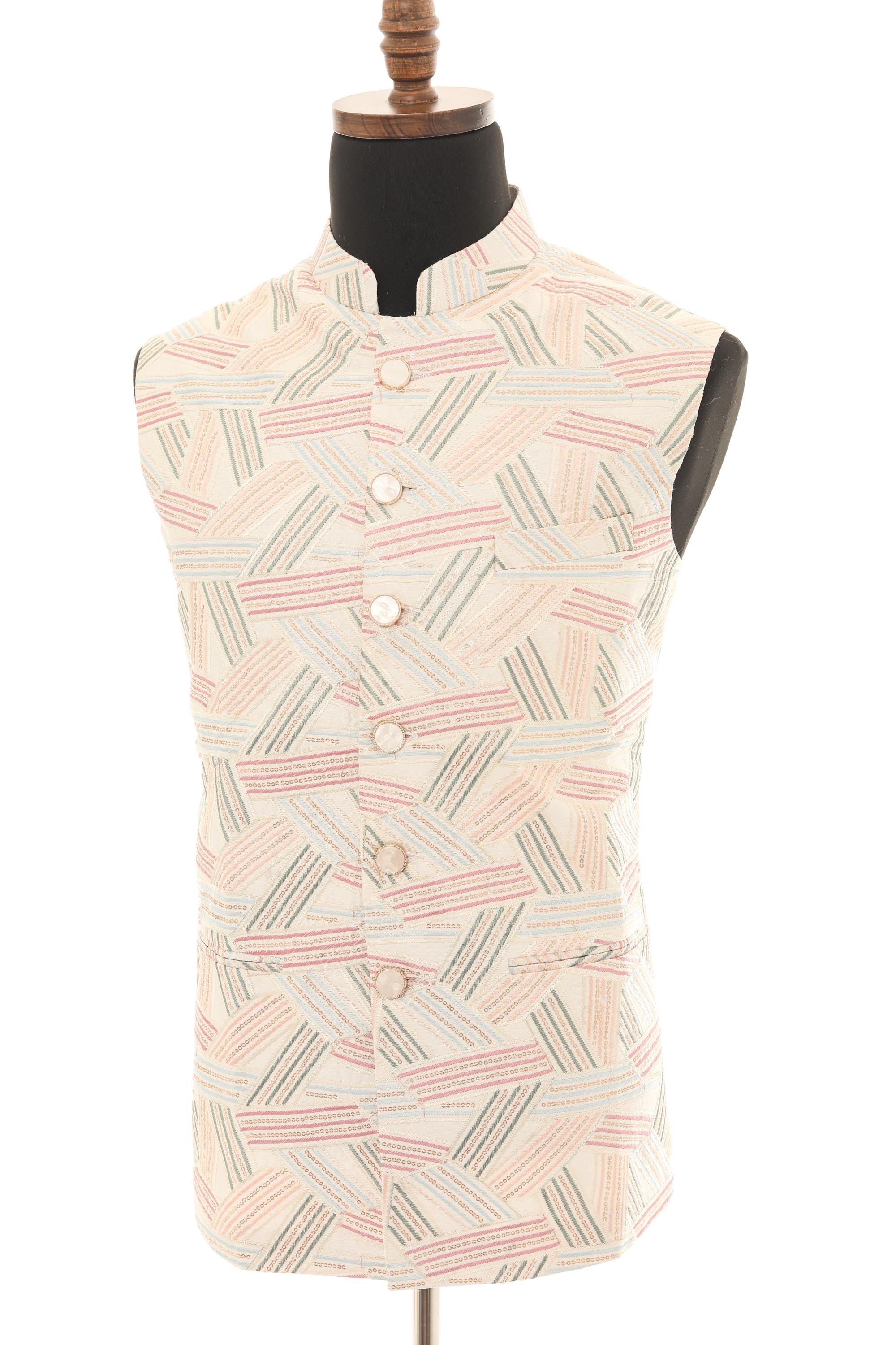 Mens White Nehru Jacket with Multi-Colored Embroidery