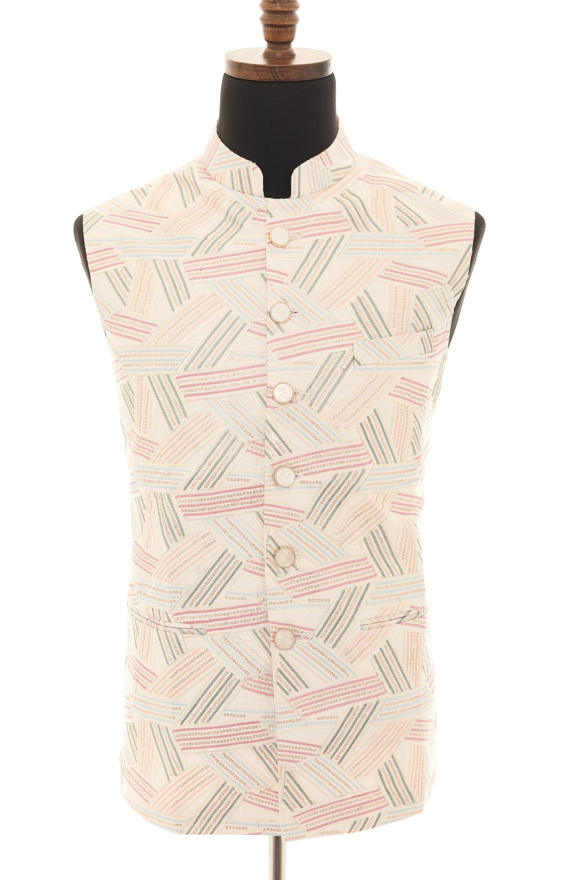 Mens White Nehru Jacket with Multi-Colored Embroidery