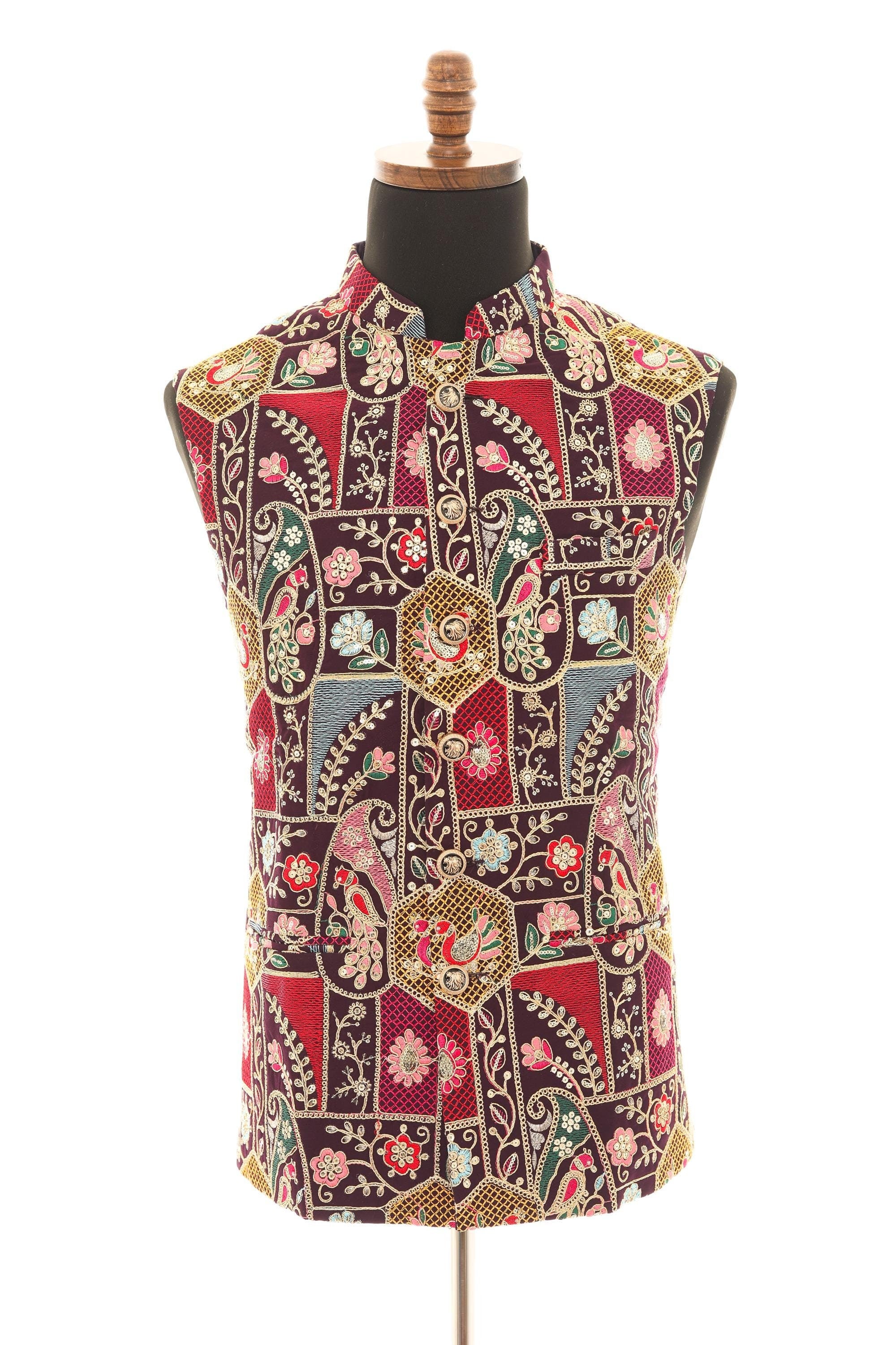 Mens Purple Vest with Multi-Colored Embroidery-Sequins