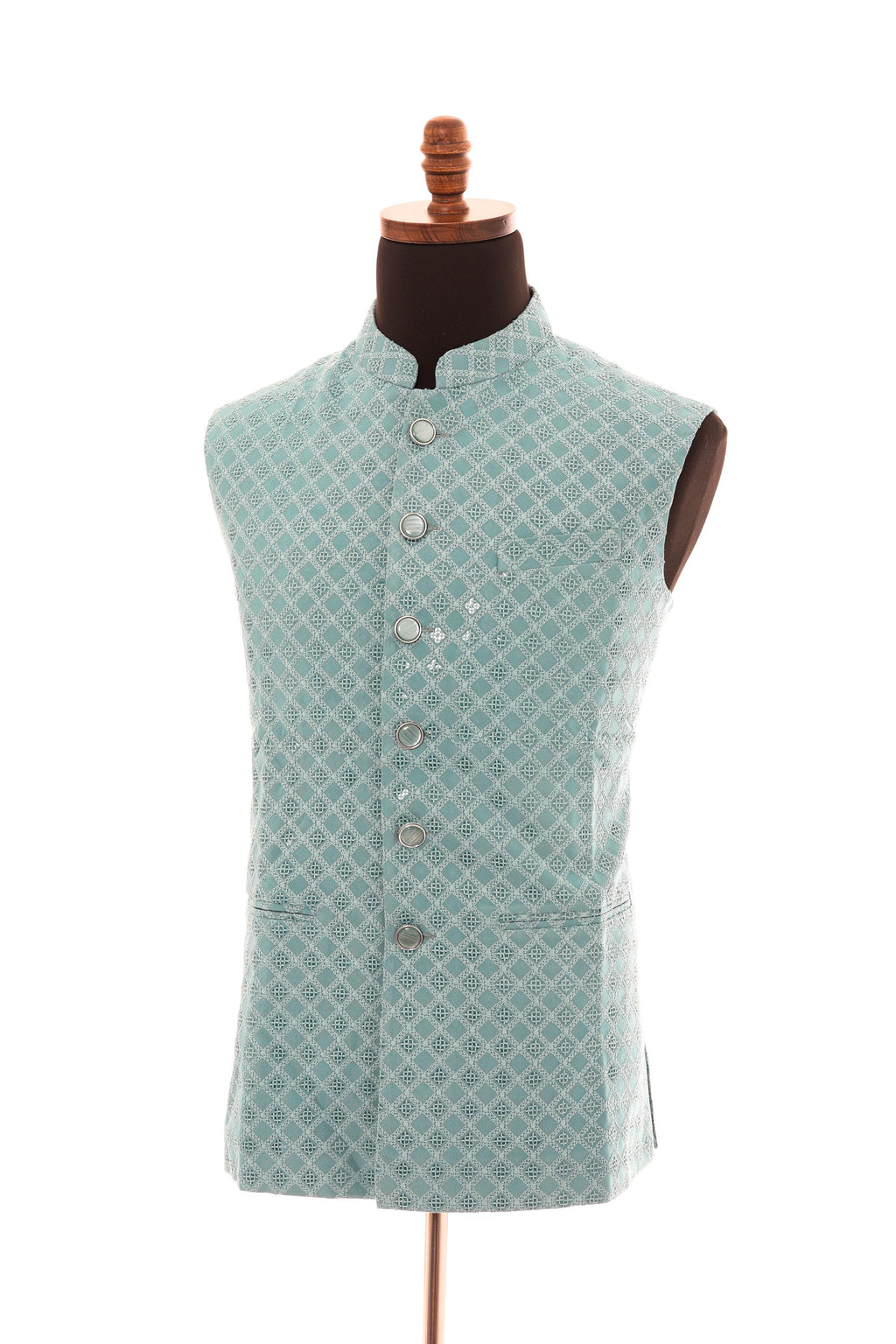 Mens Soft Blue Vest  Self-Embroidered Fabric with Sequins