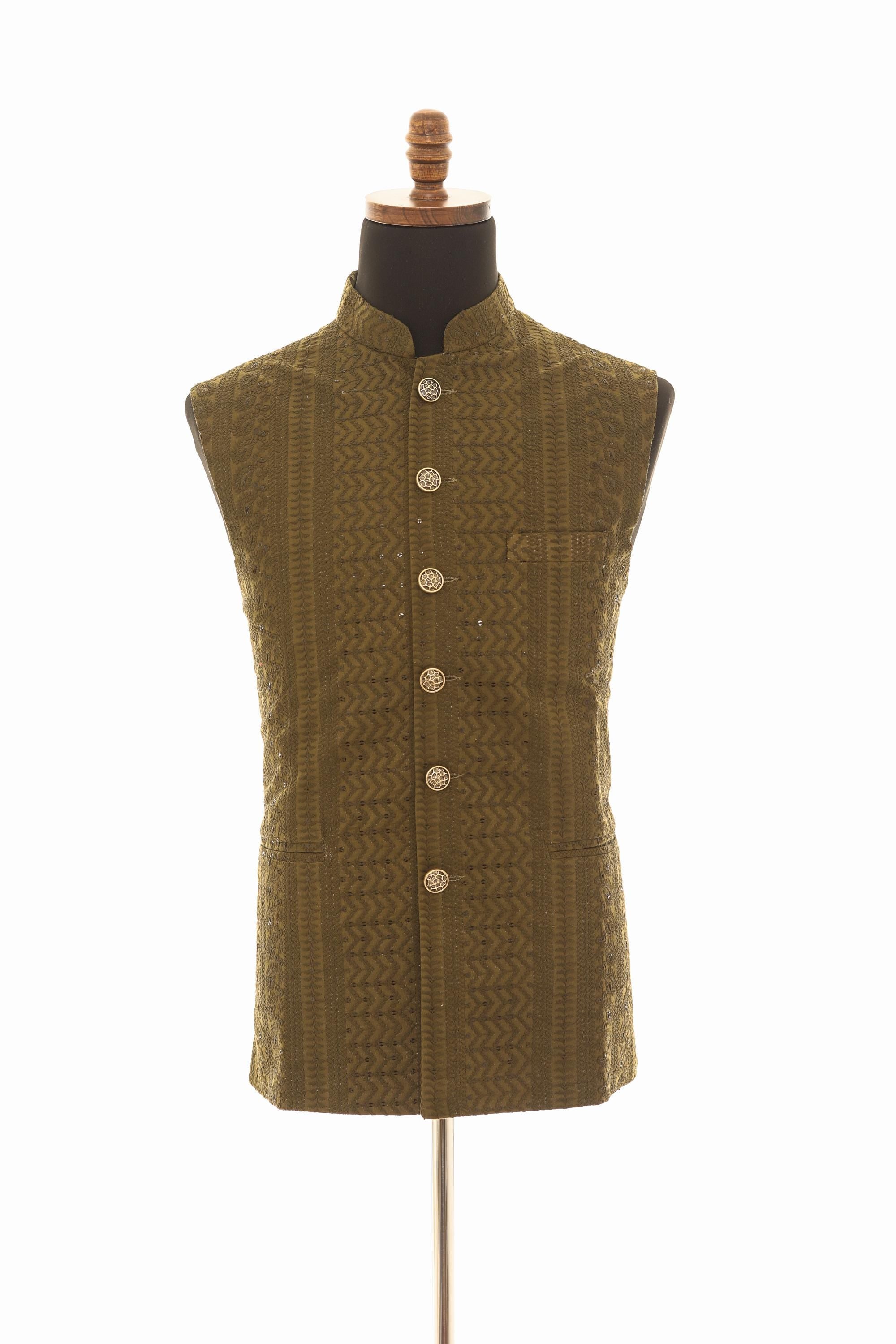 Mens Dark Olive Green Nehru Vest  Self-Embroidered Fabric with Sequins
