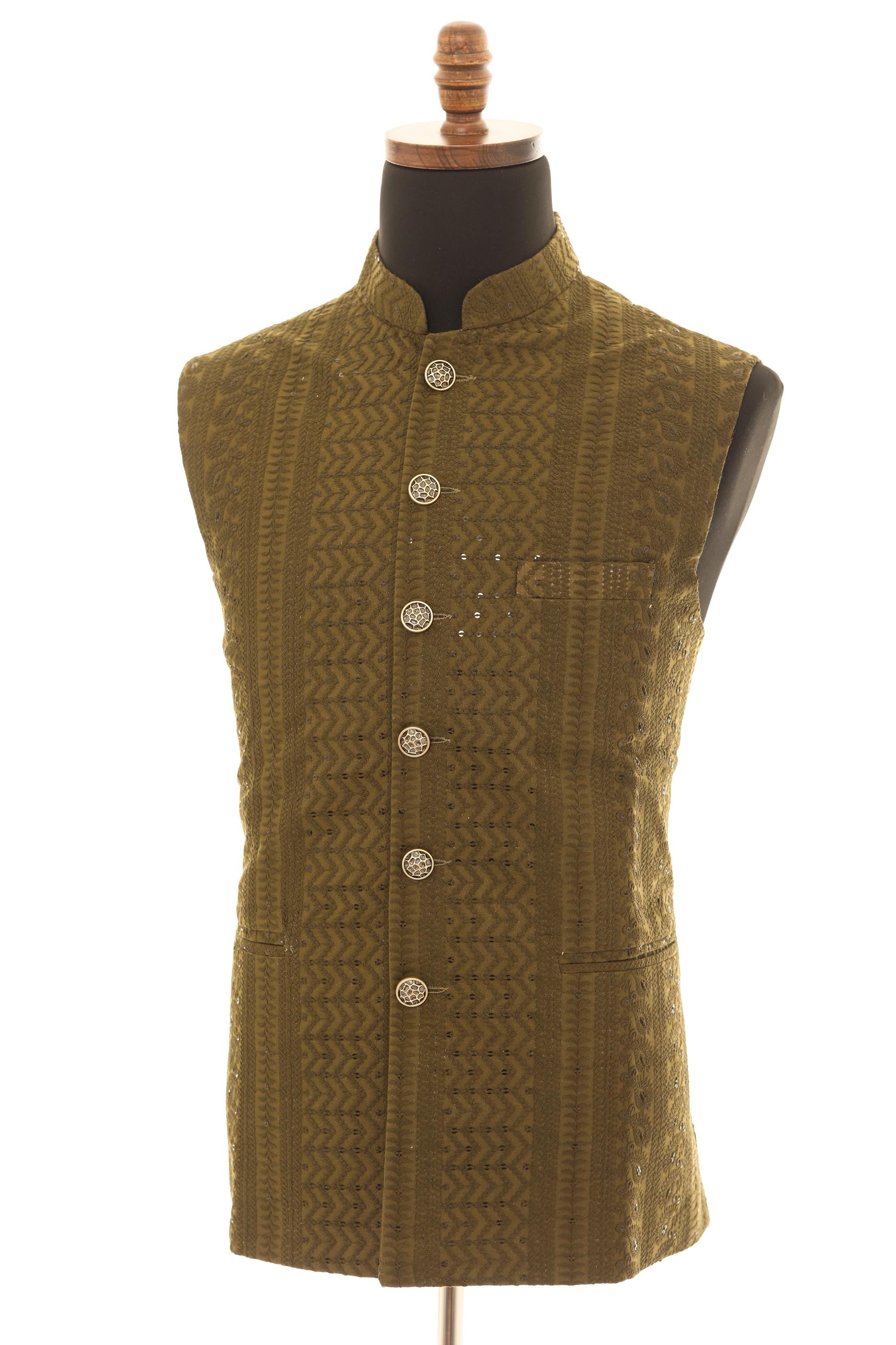 Mens Dark Olive Green Nehru Vest  Self-Embroidered Fabric with Sequins