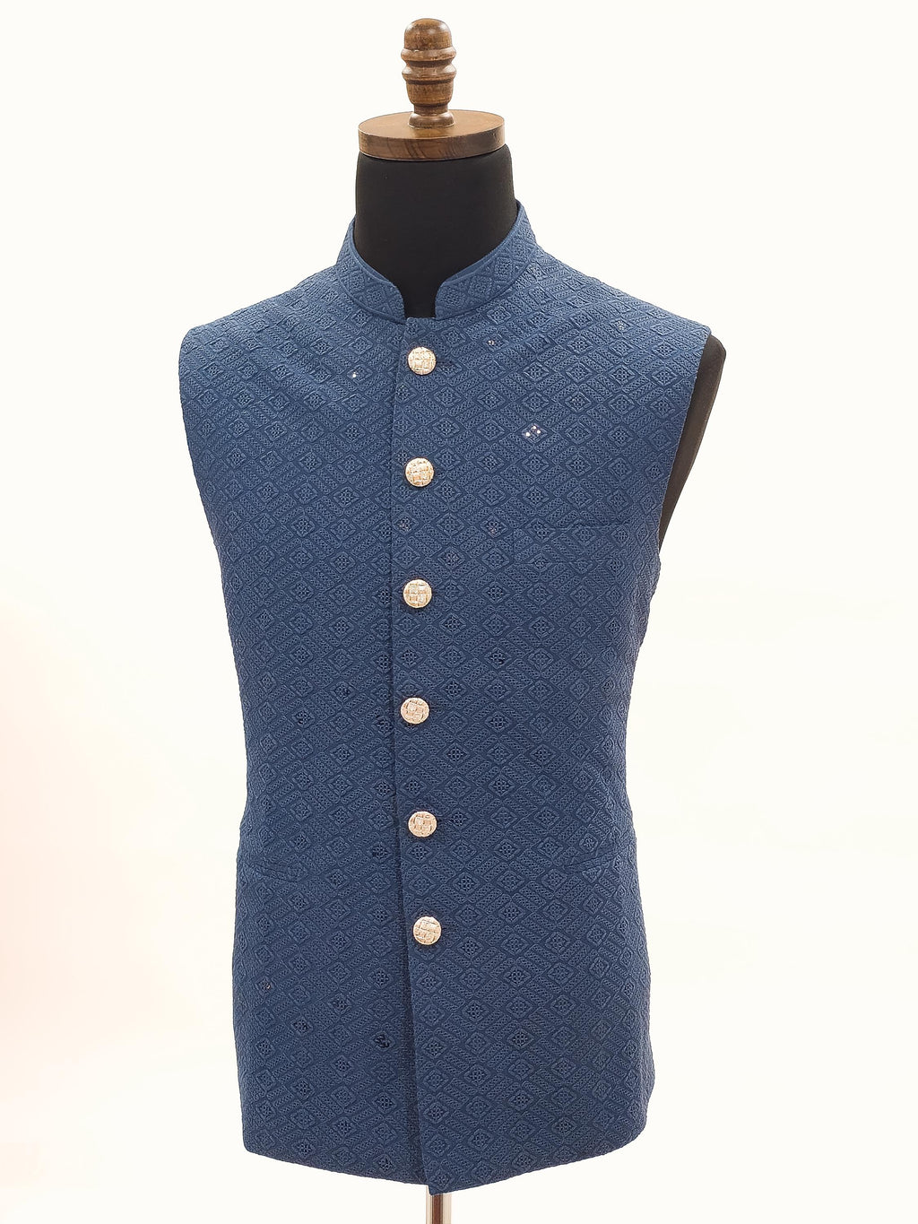 Mens Blue Nehru Vest  Self-Embroidered Fabric