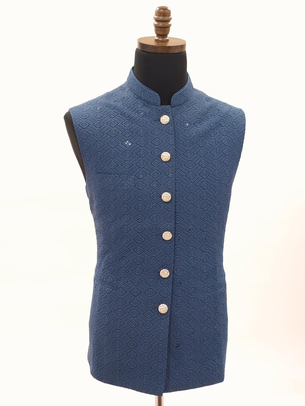 Mens Blue Nehru Vest  Self-Embroidered Fabric