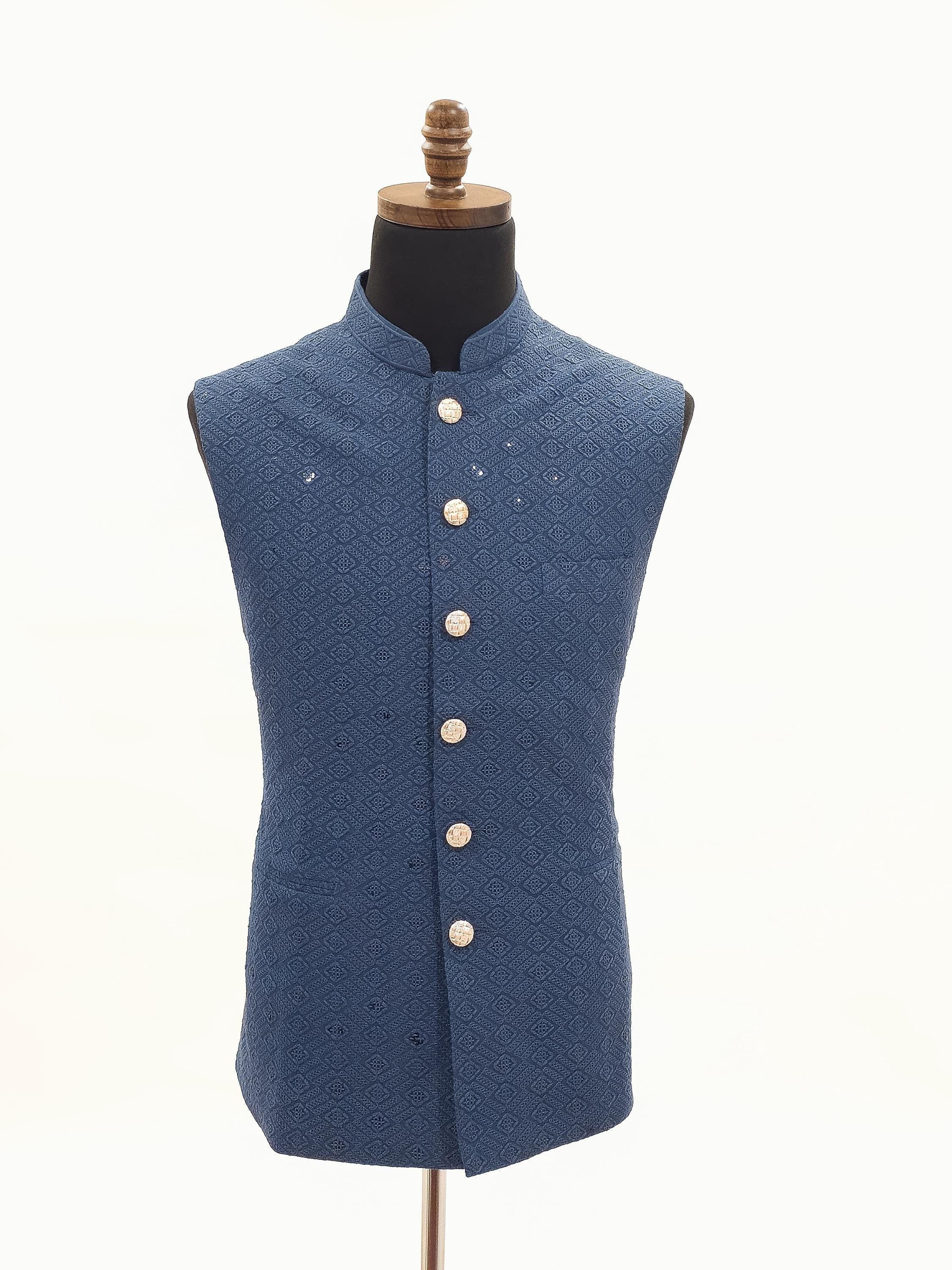 Mens Blue Nehru Vest  Self-Embroidered Fabric