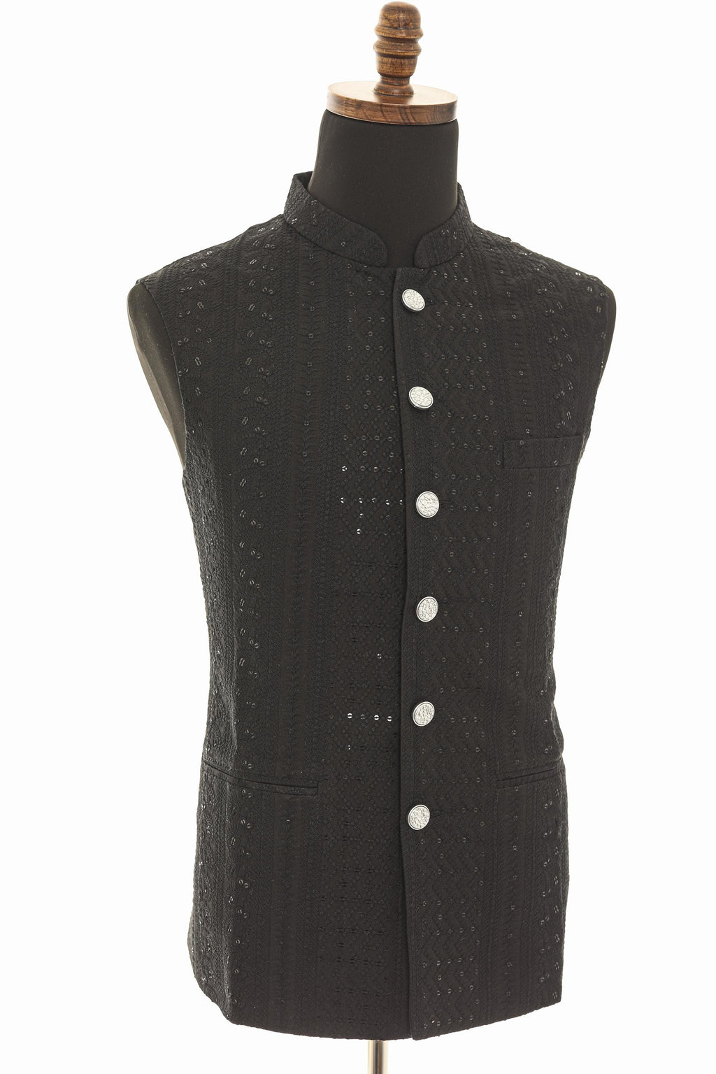 Mens Black Nehru Vest  Self-Embroidered Fabric with Sequins for Elegant Style
