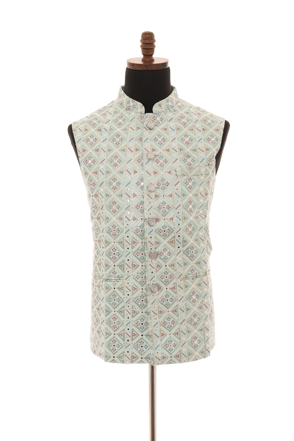 Mens Sea Green Nehru Jacket  Self-Embroidered Fabric