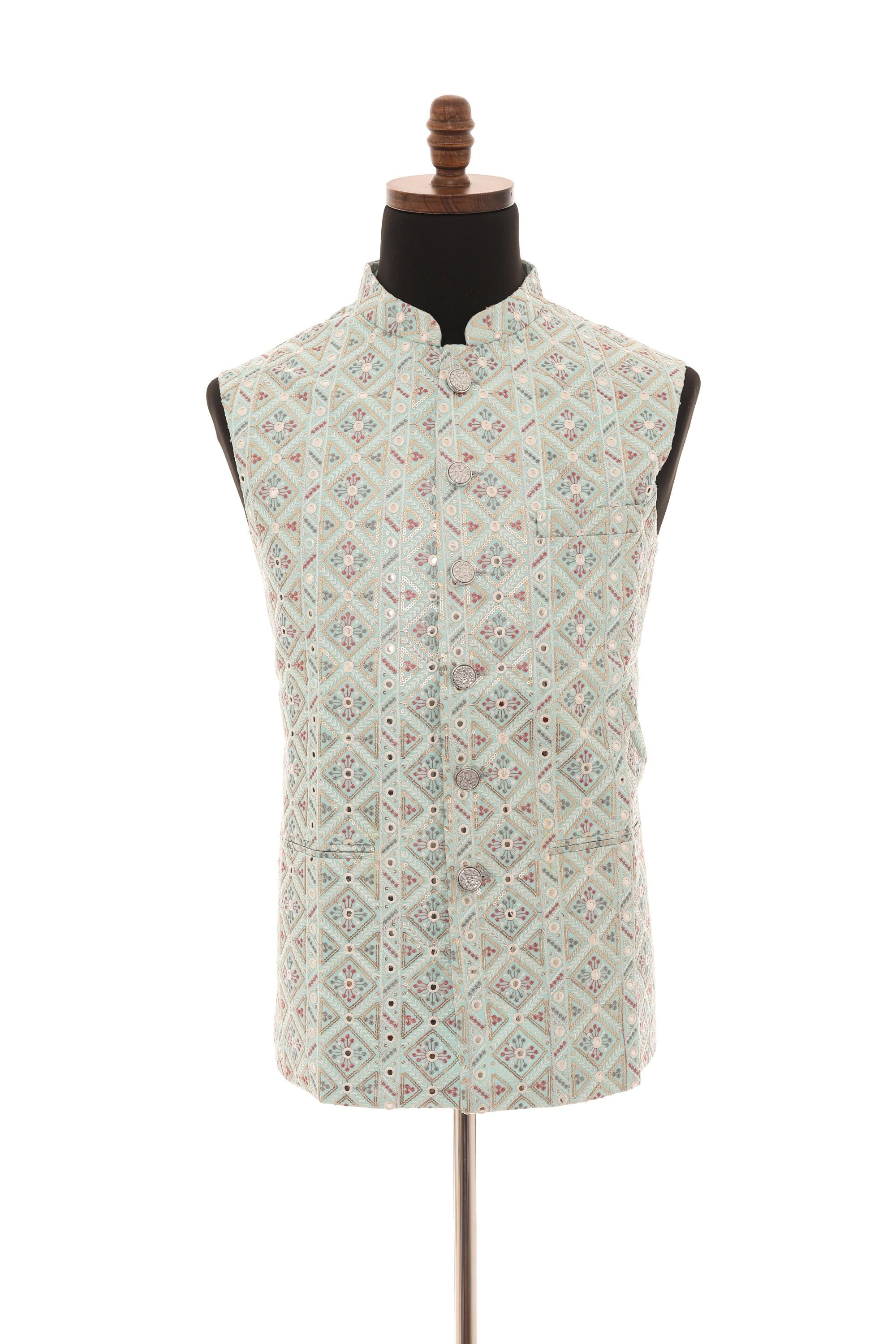 Mens Sea Green Nehru Jacket  Self-Embroidered Fabric
