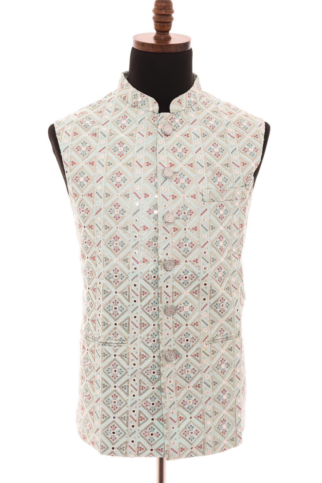Mens Sea Green Nehru Jacket  Self-Embroidered Fabric