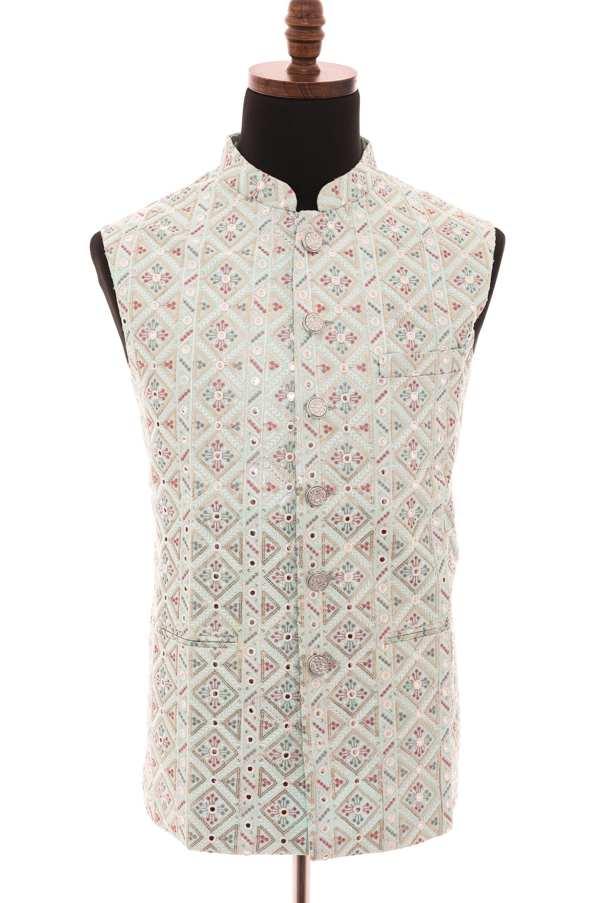 Mens Sea Green Nehru Jacket  Self-Embroidered Fabric