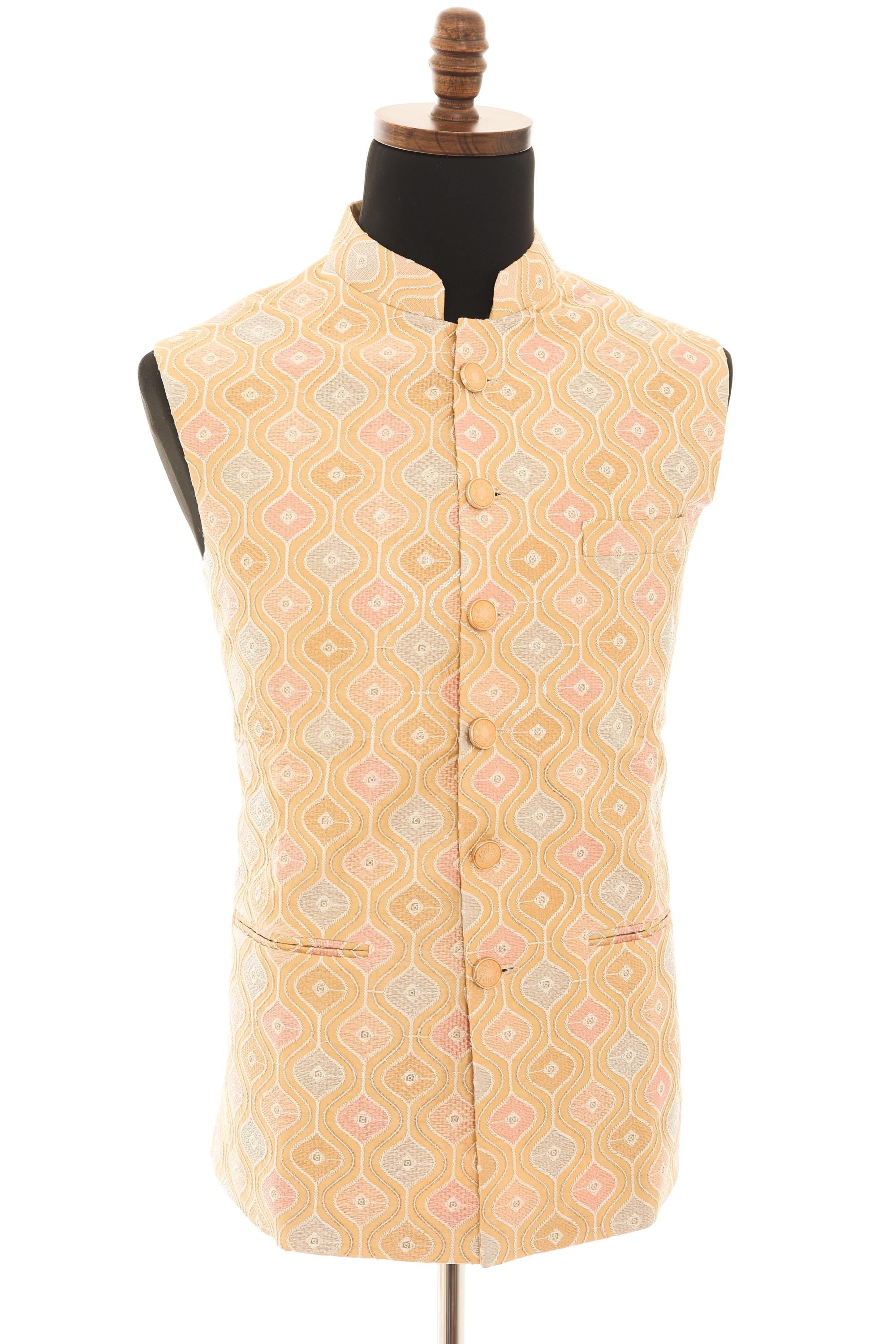 Mens Beige Nehru Vest  Geometric Embroidered Fabric