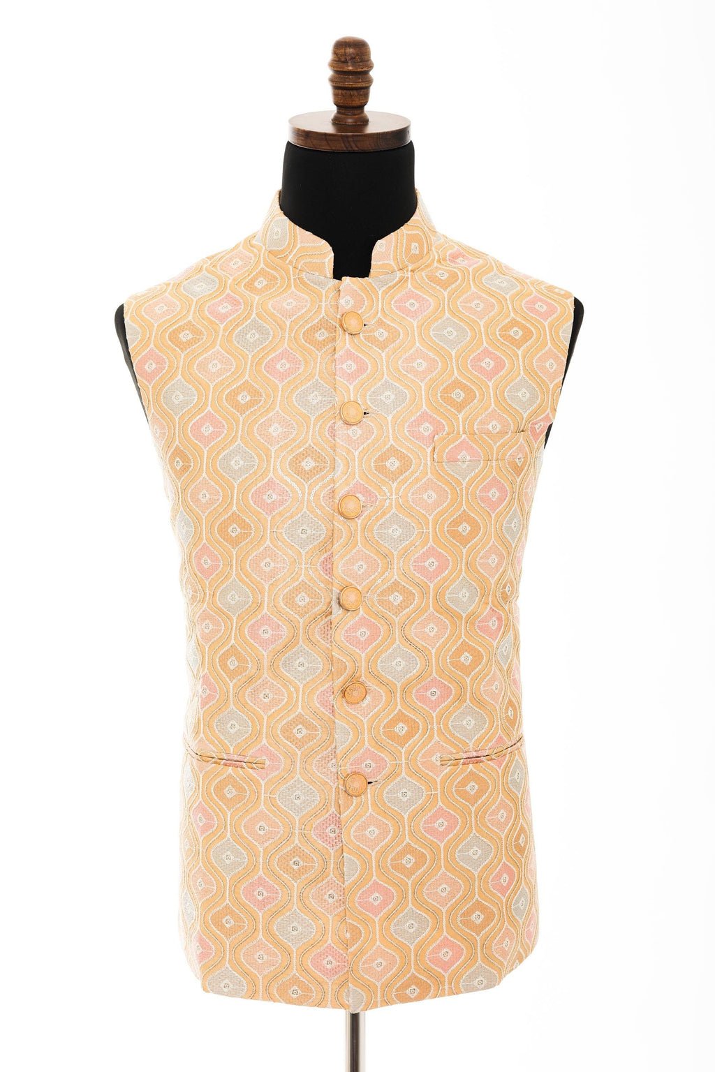 Mens Beige Nehru Vest  Geometric Embroidered Fabric