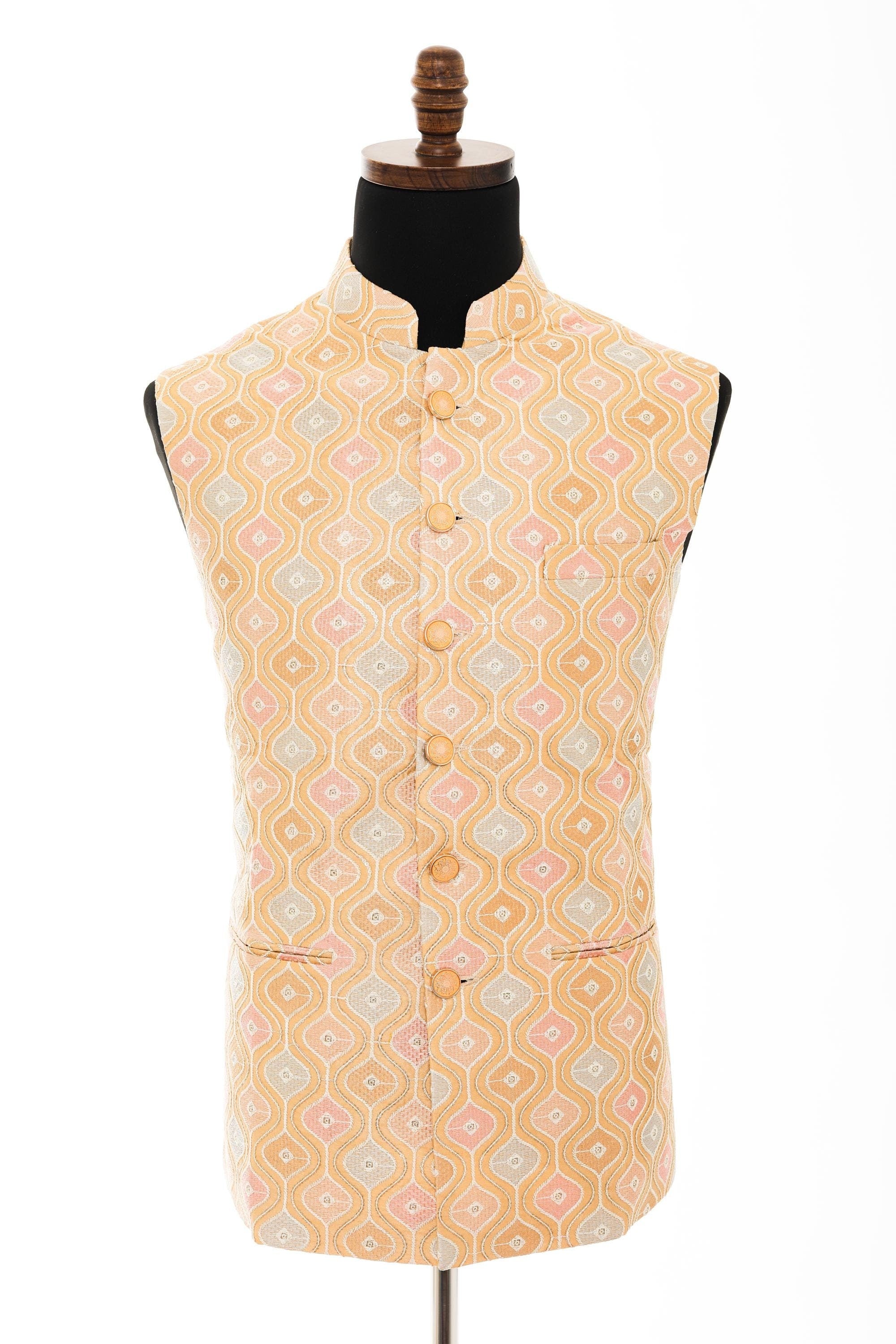 Mens Beige Nehru Vest  Geometric Embroidered Fabric
