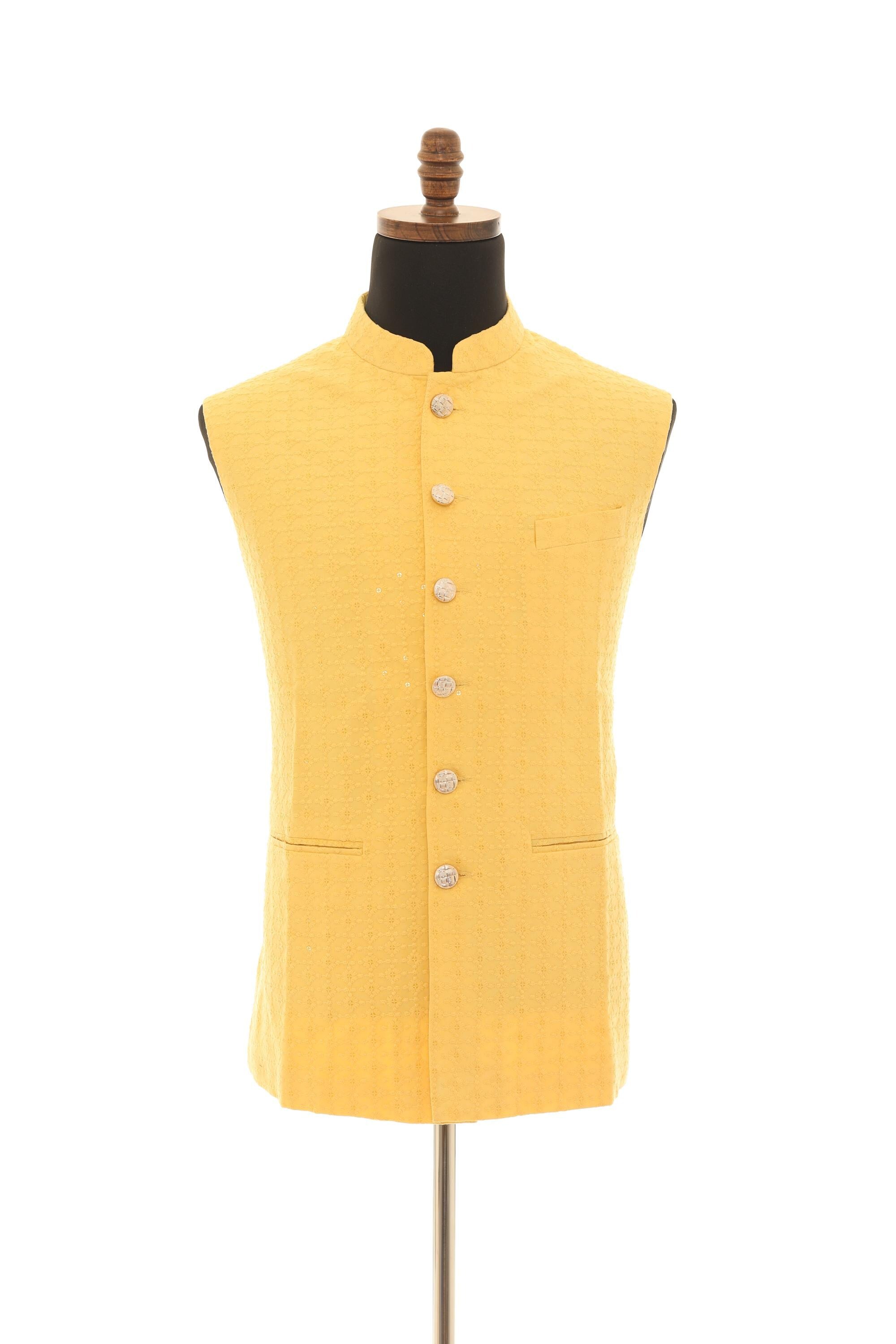 Elegant Men's Soft Yellow Vest - Self-Embroidered Fabric