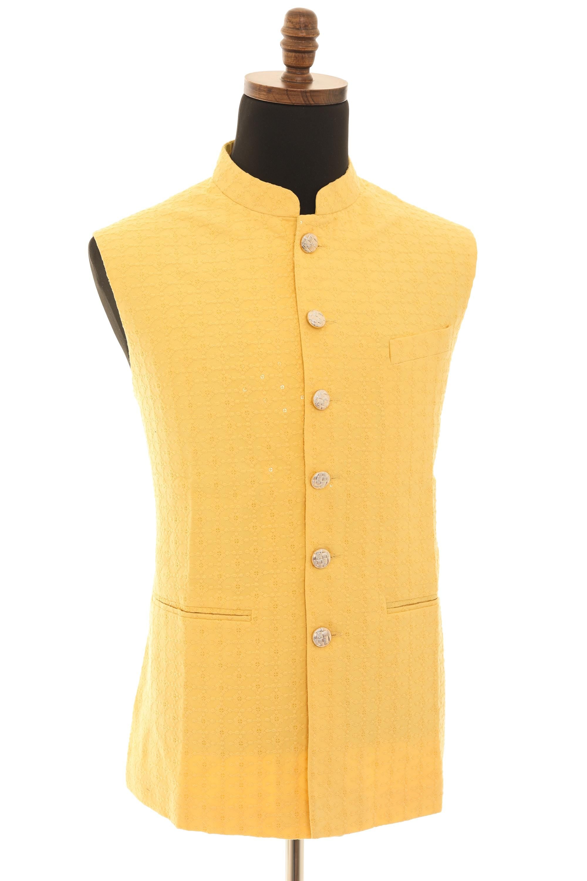 Elegant Men's Soft Yellow Vest - Self-Embroidered Fabric