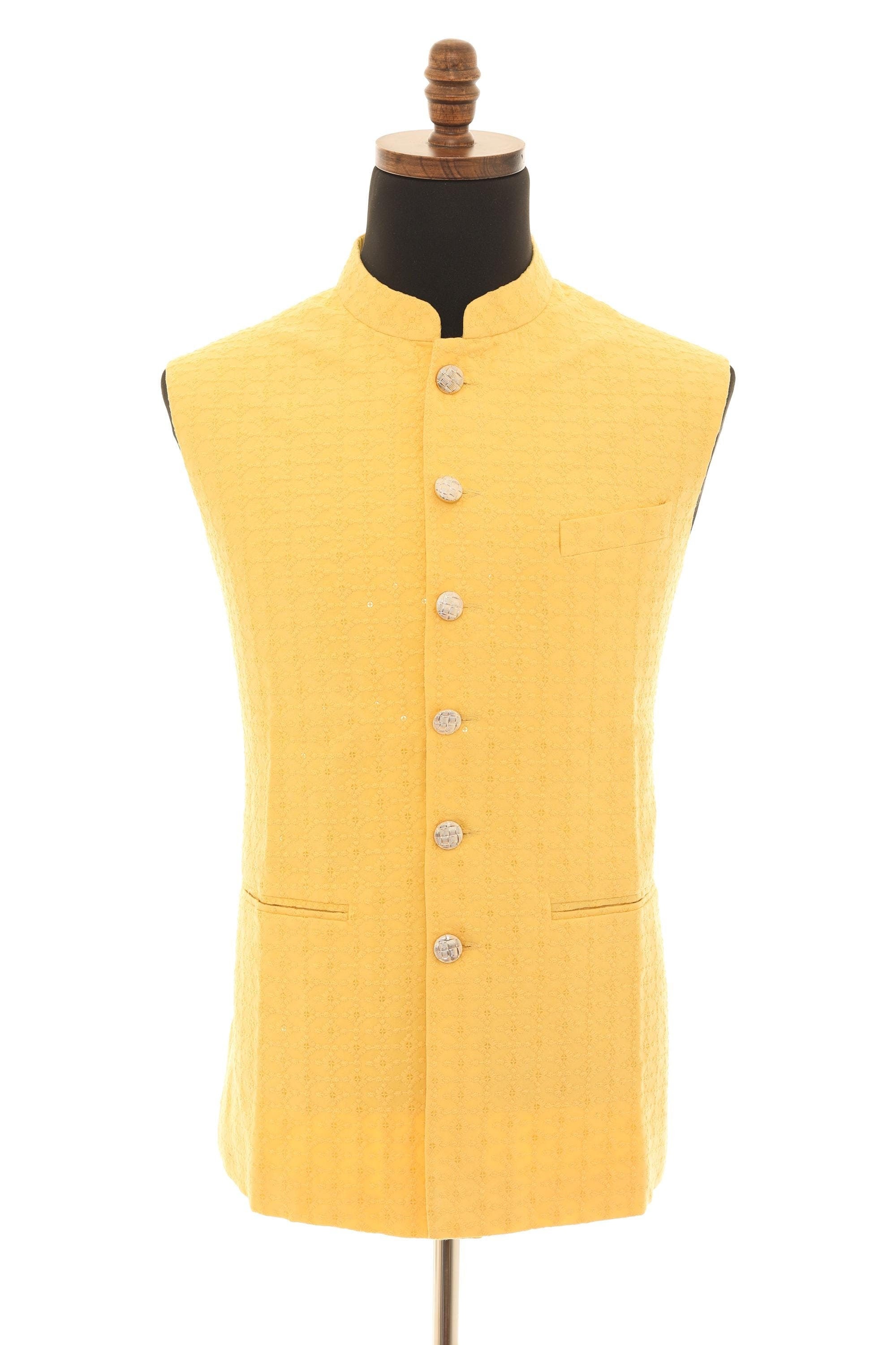 Elegant Men's Soft Yellow Vest - Self-Embroidered Fabric