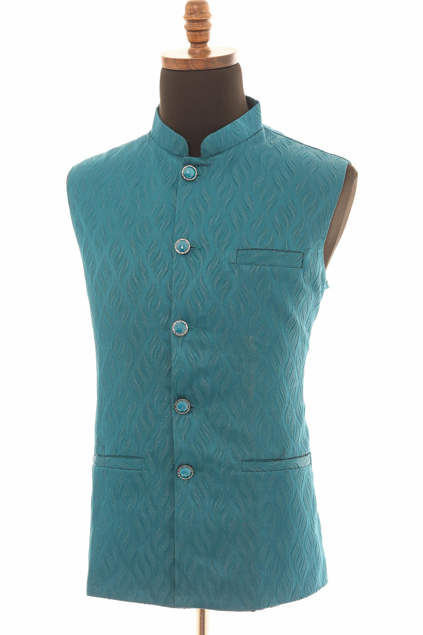 Exquisite Teal Self Embellishment Nehru Jacket for Men