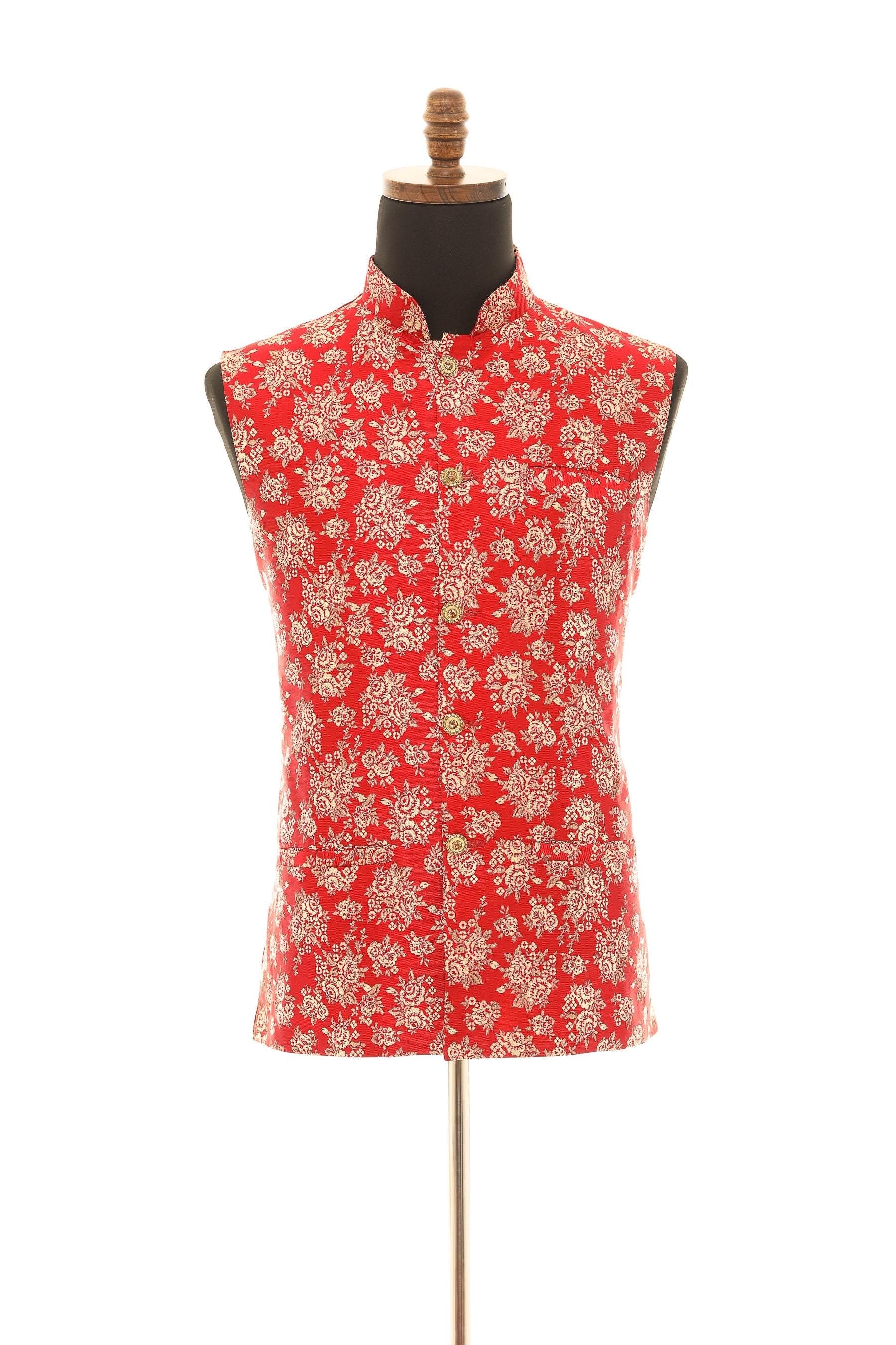 Men's Red Nehru Jacket  Exquisite Banaras Fabric Vest