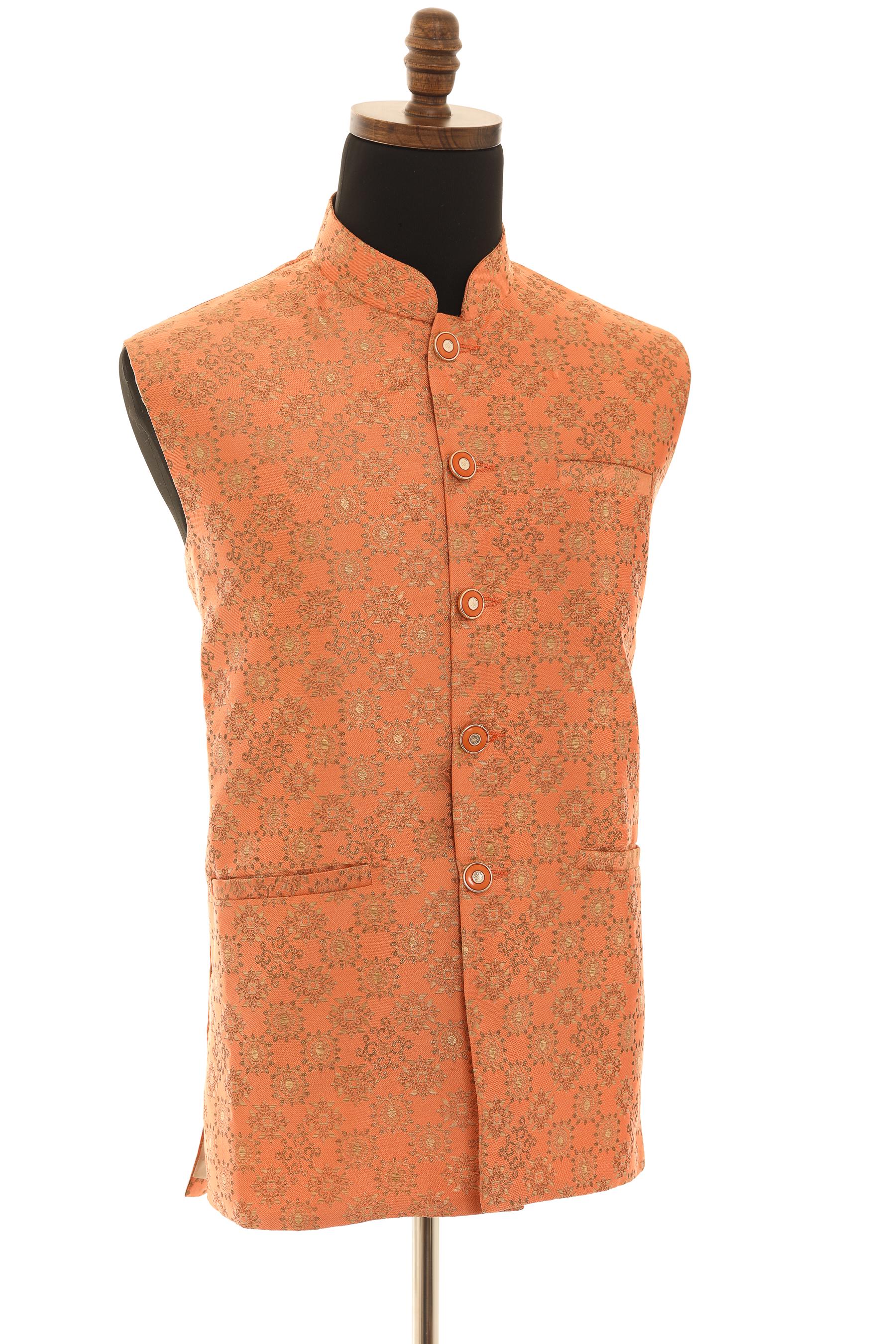 Men's Soft Peach Nehru Jacket  Elegant Banaras Fabric Vest