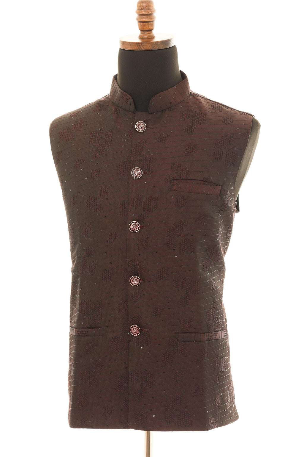 Men's Maroon Nehru Jacket with Self Embroidery Detailing