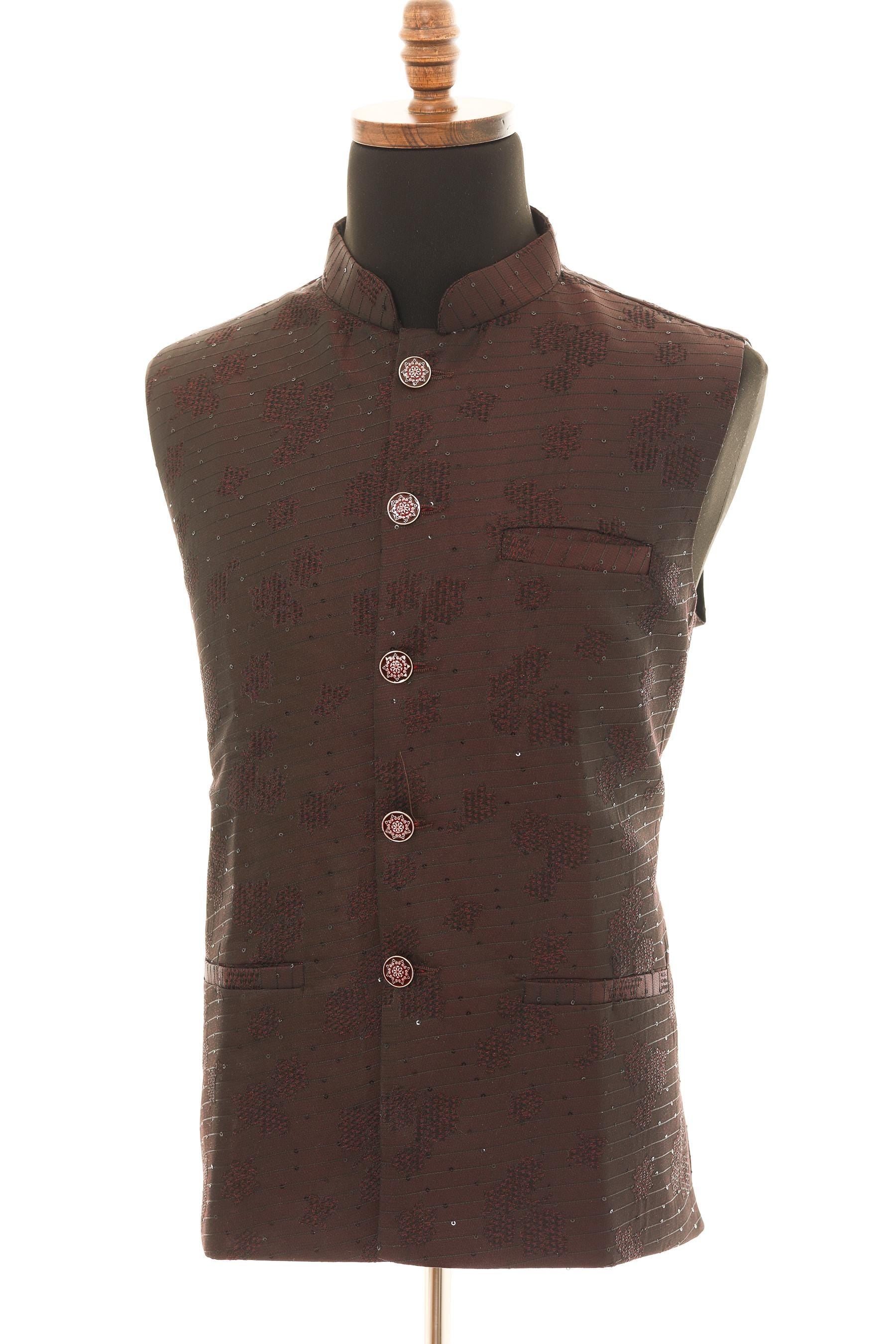 Men's Maroon Nehru Jacket with Self Embroidery Detailing