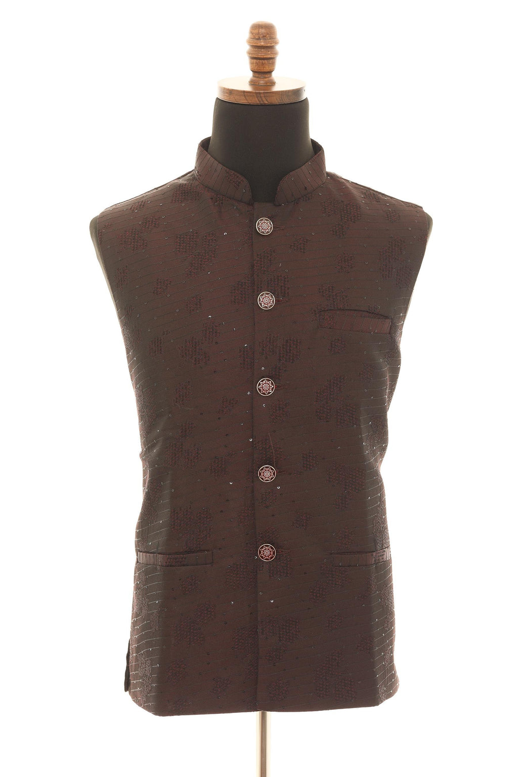 Men's Maroon Nehru Jacket with Self Embroidery Detailing