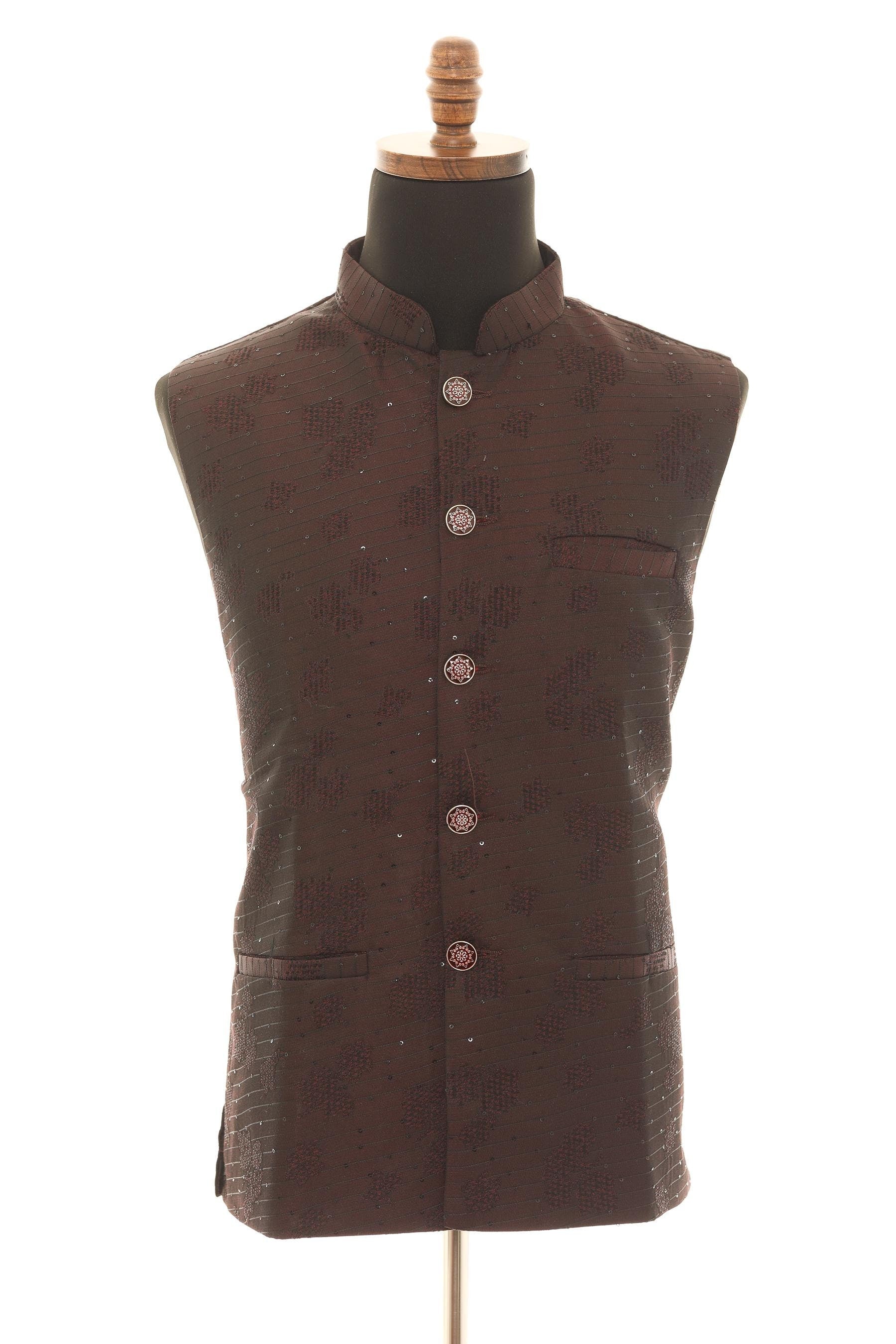 Men's Maroon Nehru Jacket with Self Embroidery Detailing