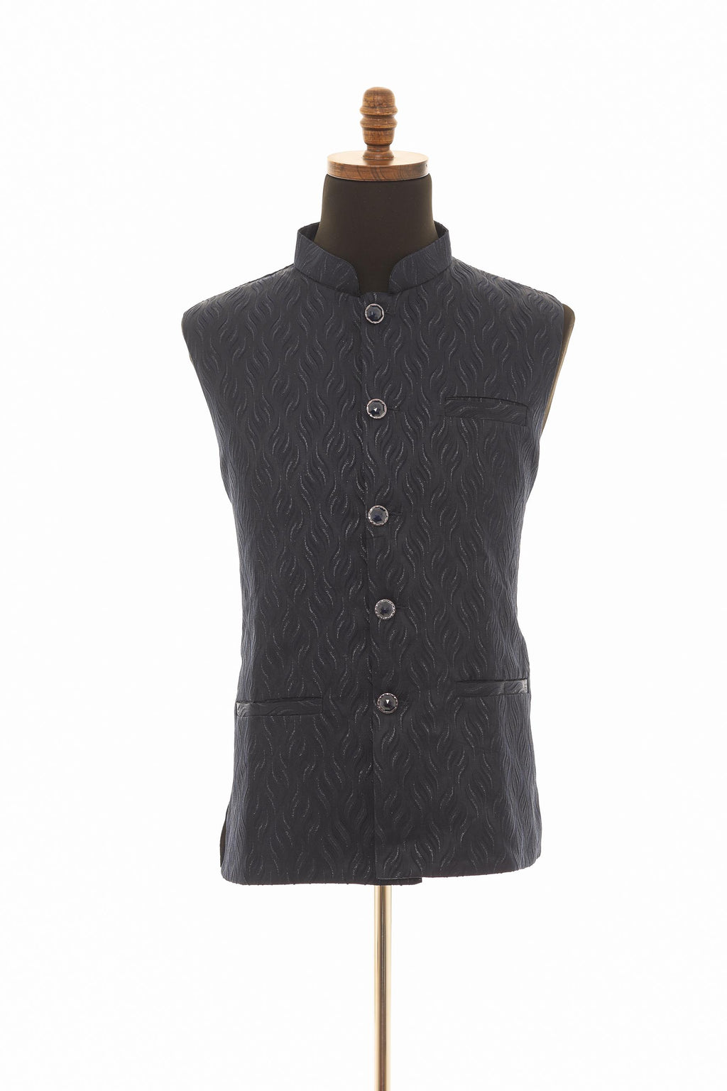 Men's Navy Blue Nehru Jacket  Self Wavy Embroidered Fabric