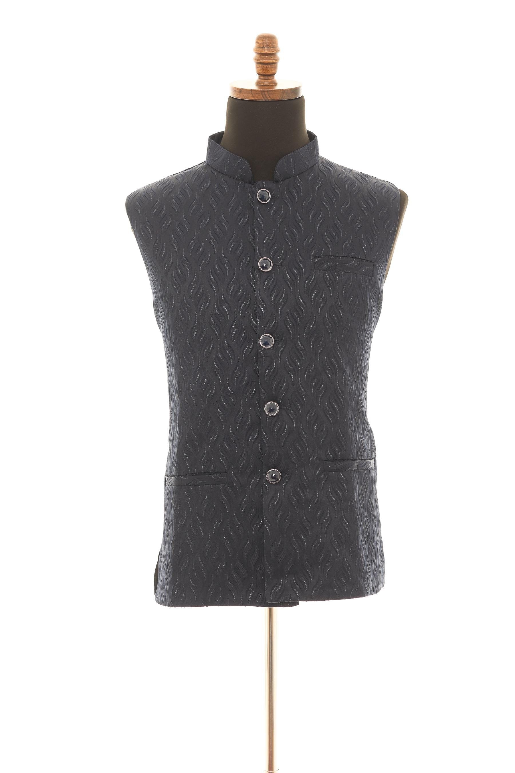Men's Navy Blue Nehru Jacket  Self Wavy Embroidered Fabric