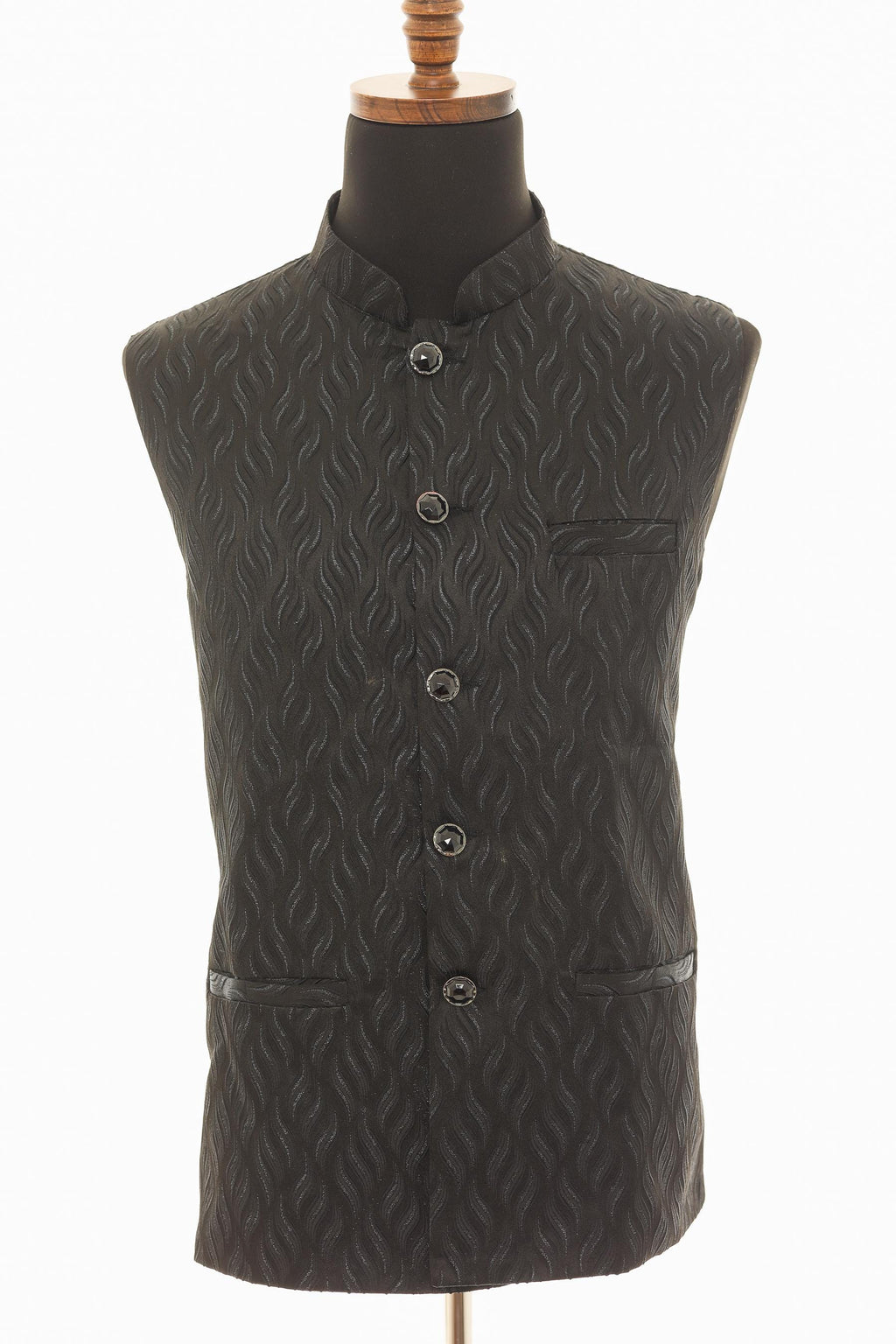 Men's Black Nehru Jacket  Self Wavy Embroidered Fabric
