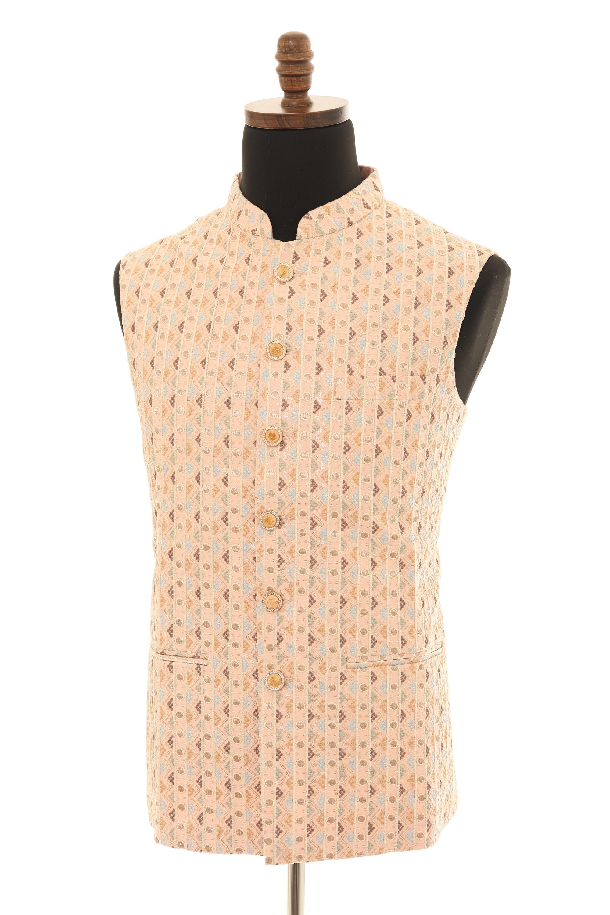 Mens Peach Nehru Jacket  Embroidered Elegance Vest