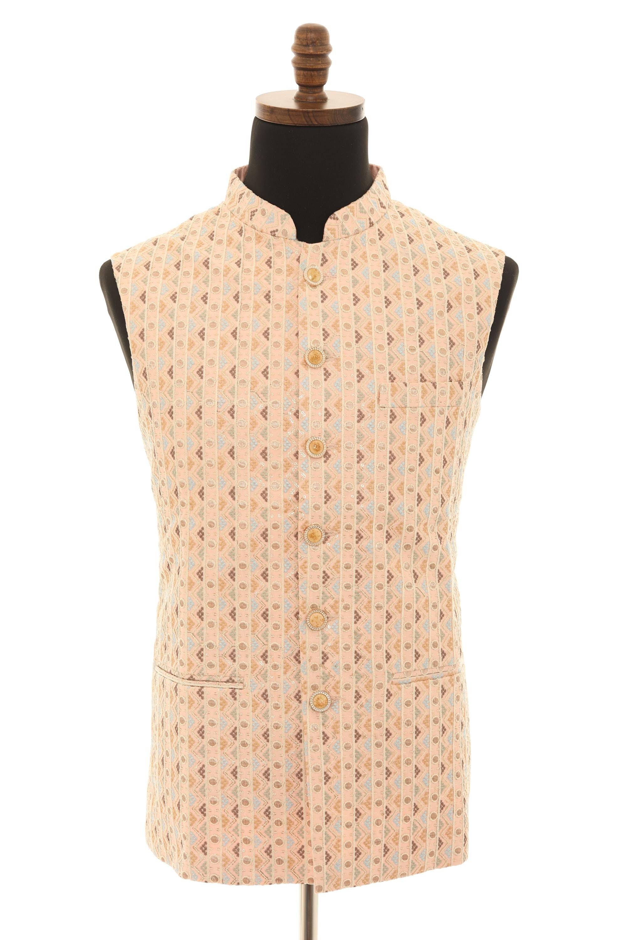 Mens Peach Nehru Jacket  Embroidered Elegance Vest