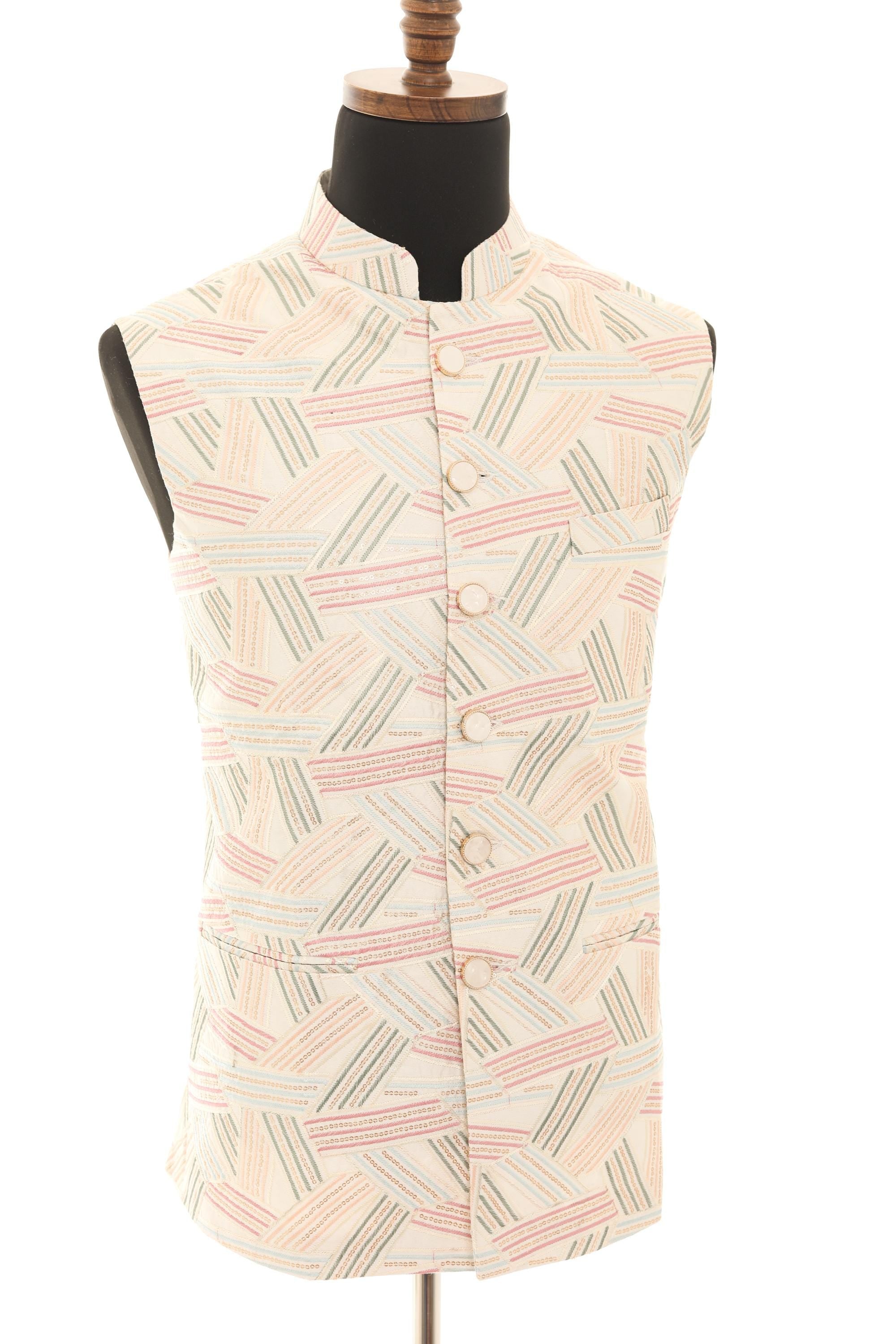 Mens White Nehru Jacket with Multi-Colored Embroidery