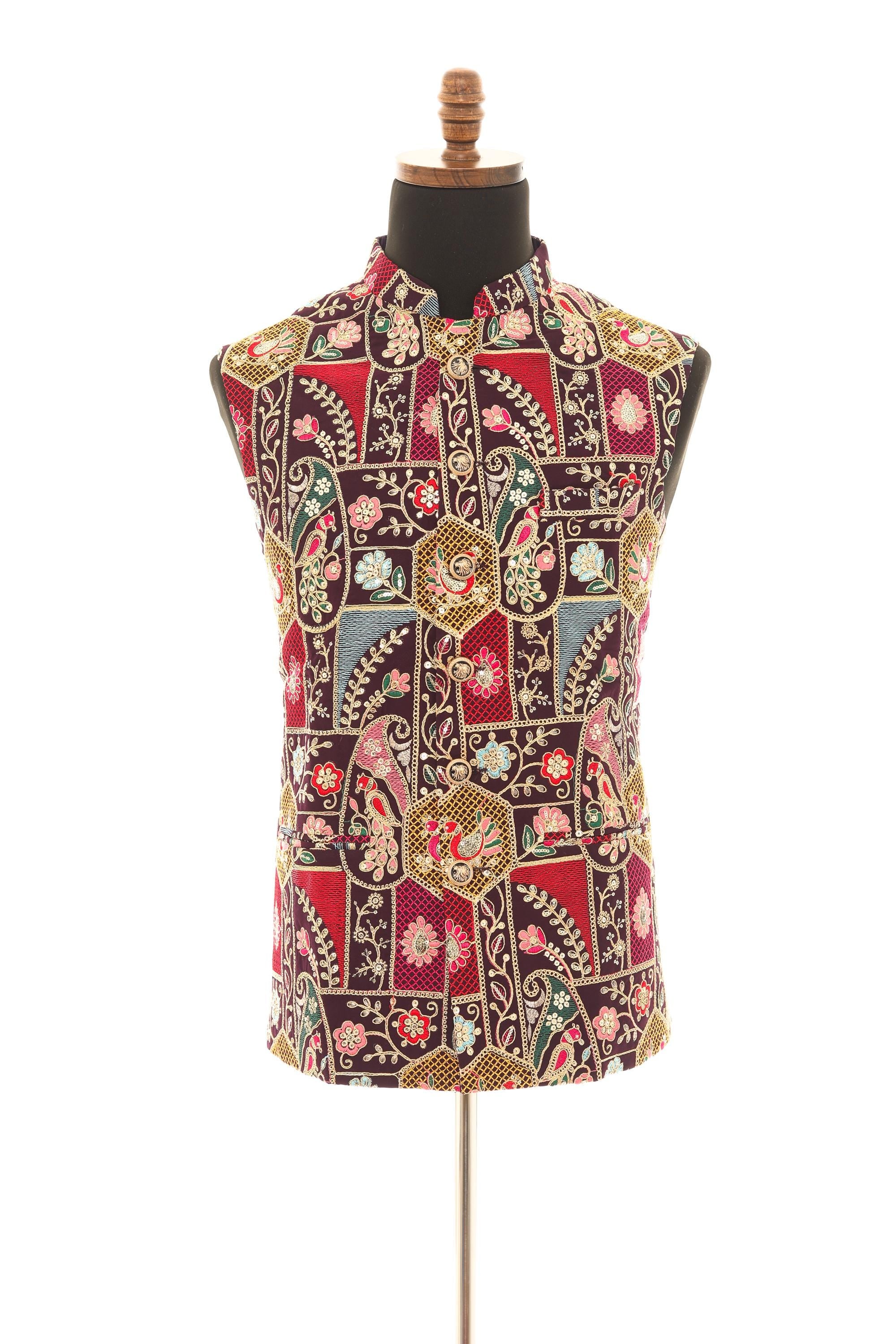 Mens Purple Vest with Multi-Colored Embroidery-Sequins
