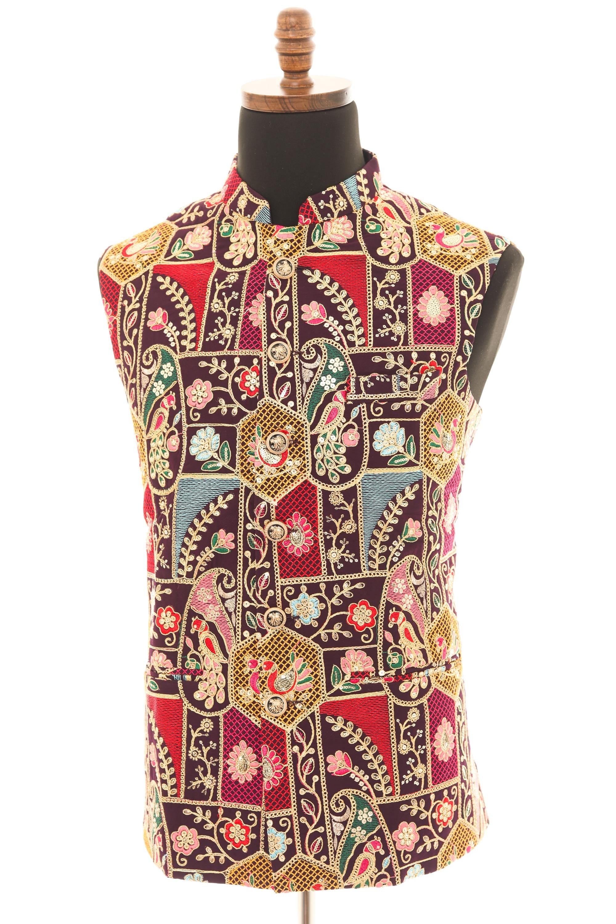 Mens Purple Vest with Multi-Colored Embroidery-Sequins