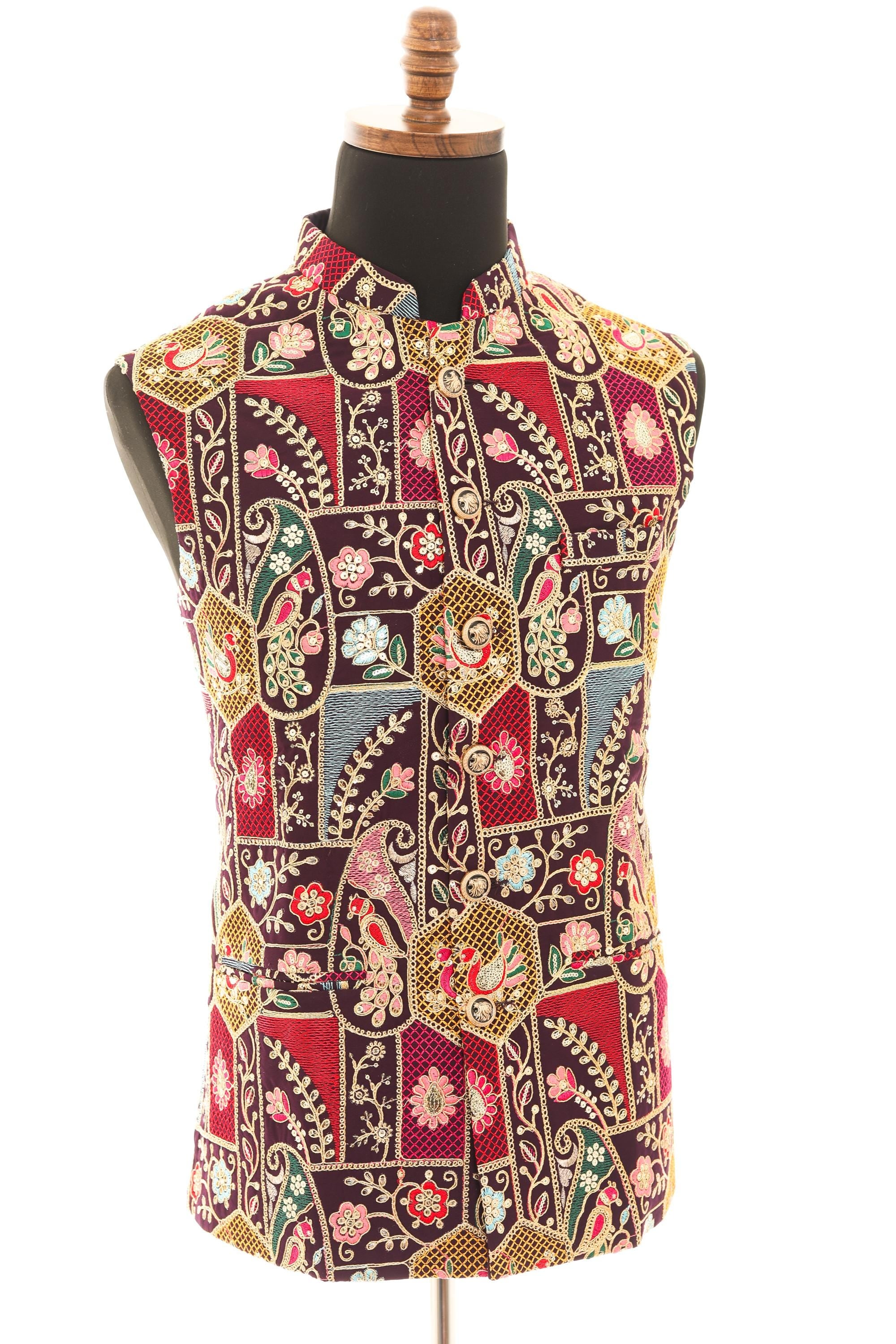 Mens Purple Vest with Multi-Colored Embroidery-Sequins