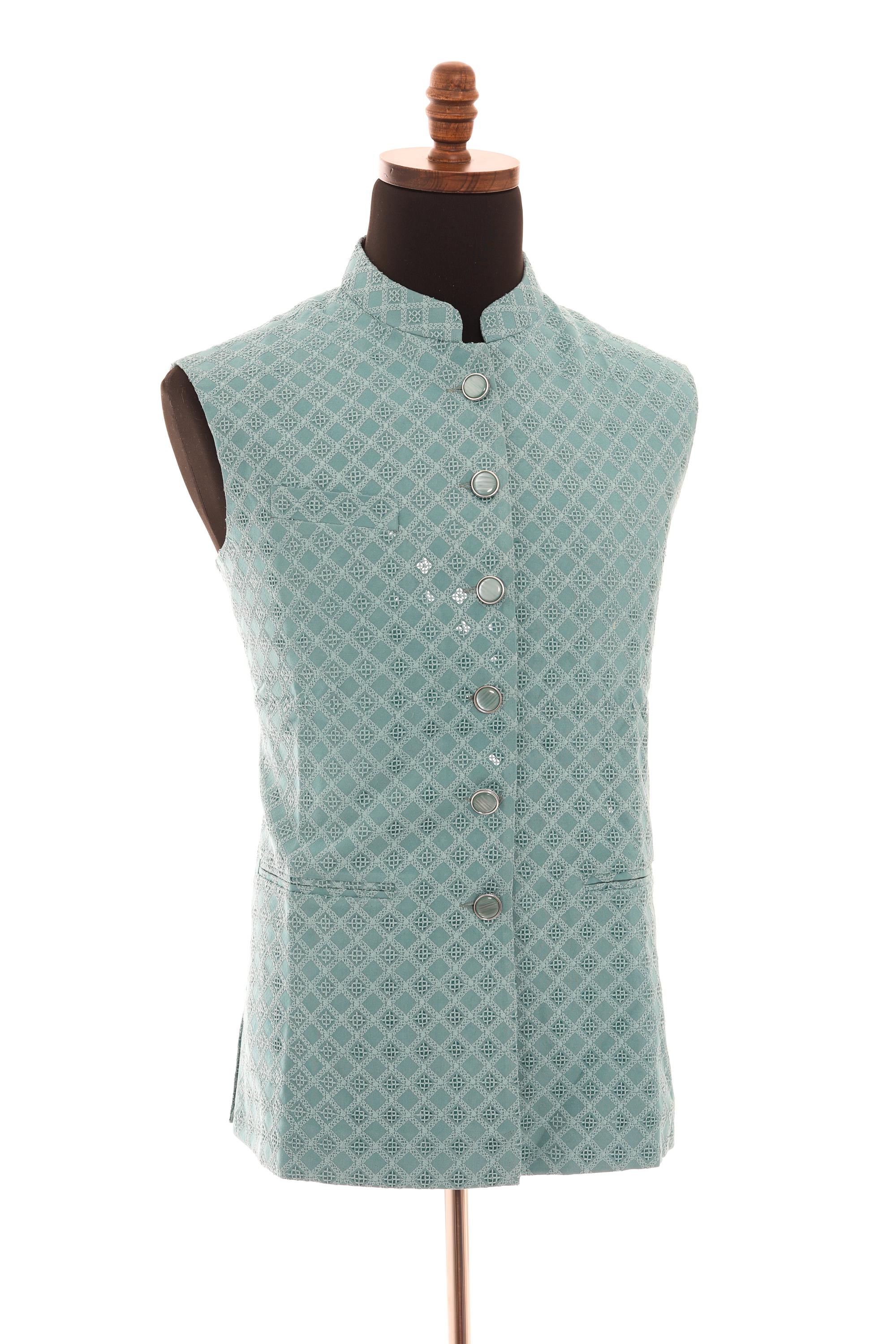 Mens Soft Blue Vest  Self-Embroidered Fabric with Sequins