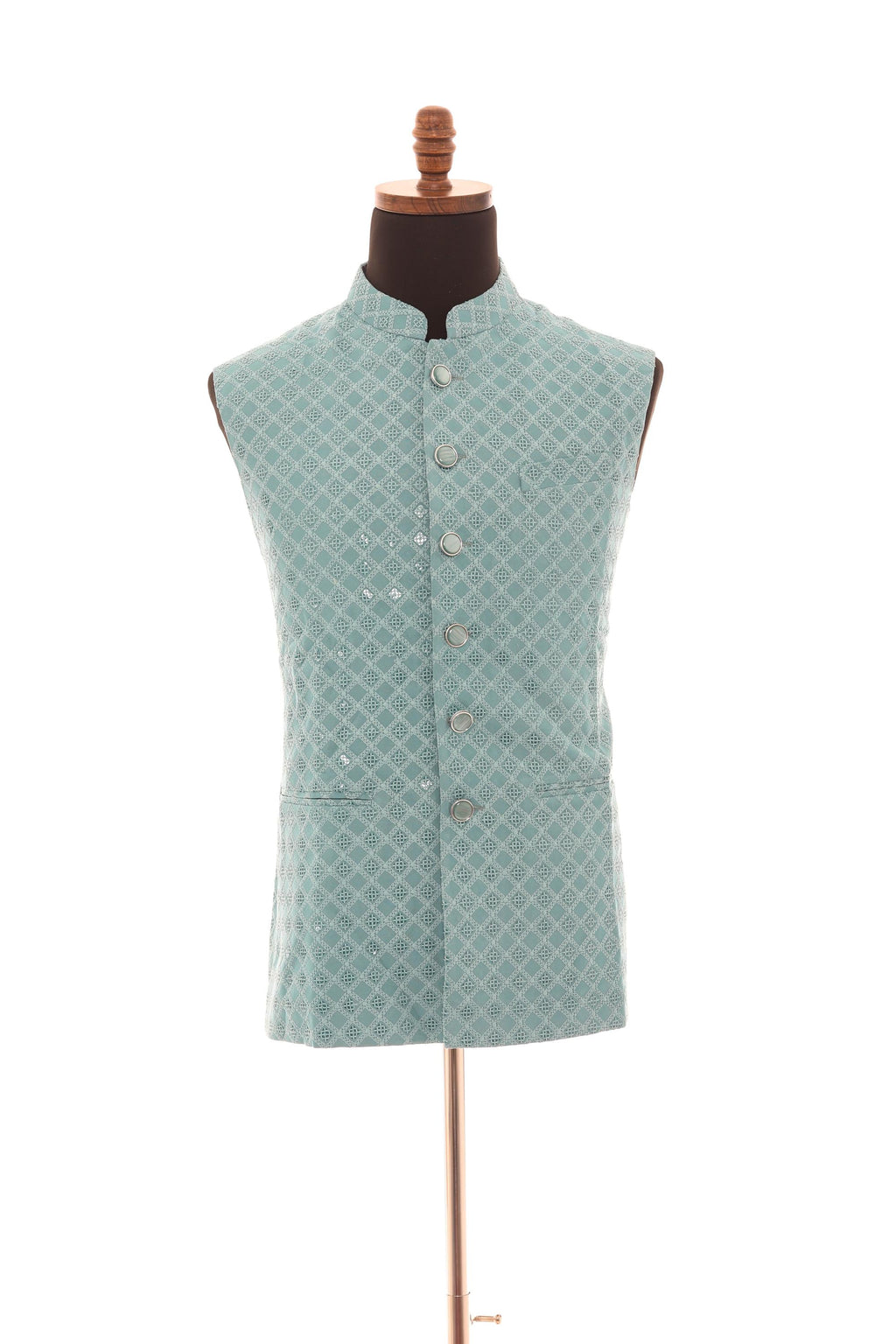 Mens Soft Blue Vest  Self-Embroidered Fabric with Sequins