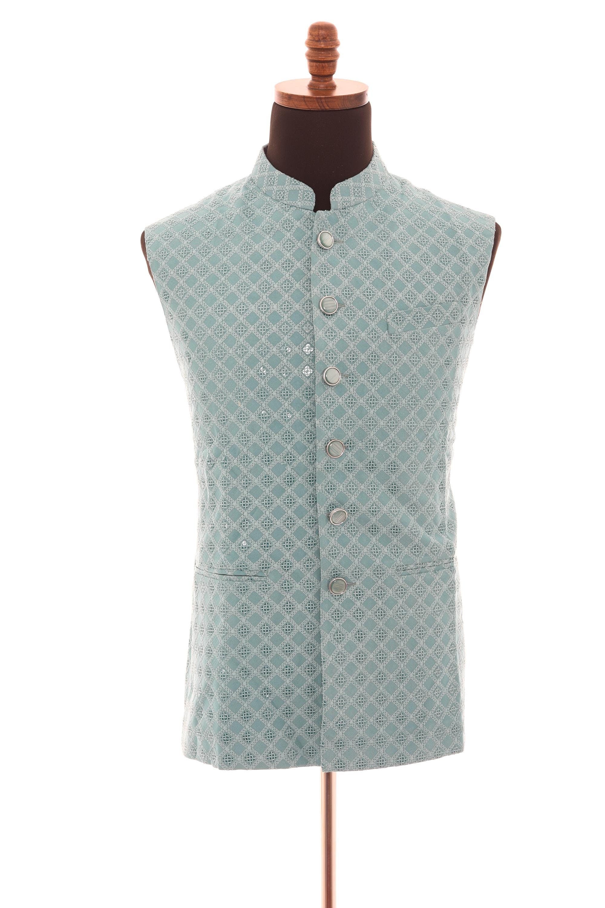 Mens Soft Blue Vest  Self-Embroidered Fabric with Sequins